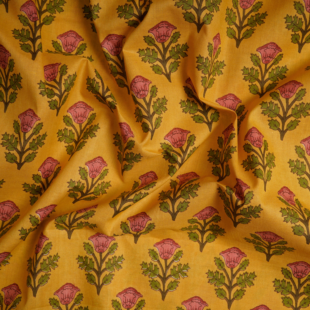 (Pre-Cut 0.90 Mtr)Yellow Floral Pattern Screen Print Cotton Fabric