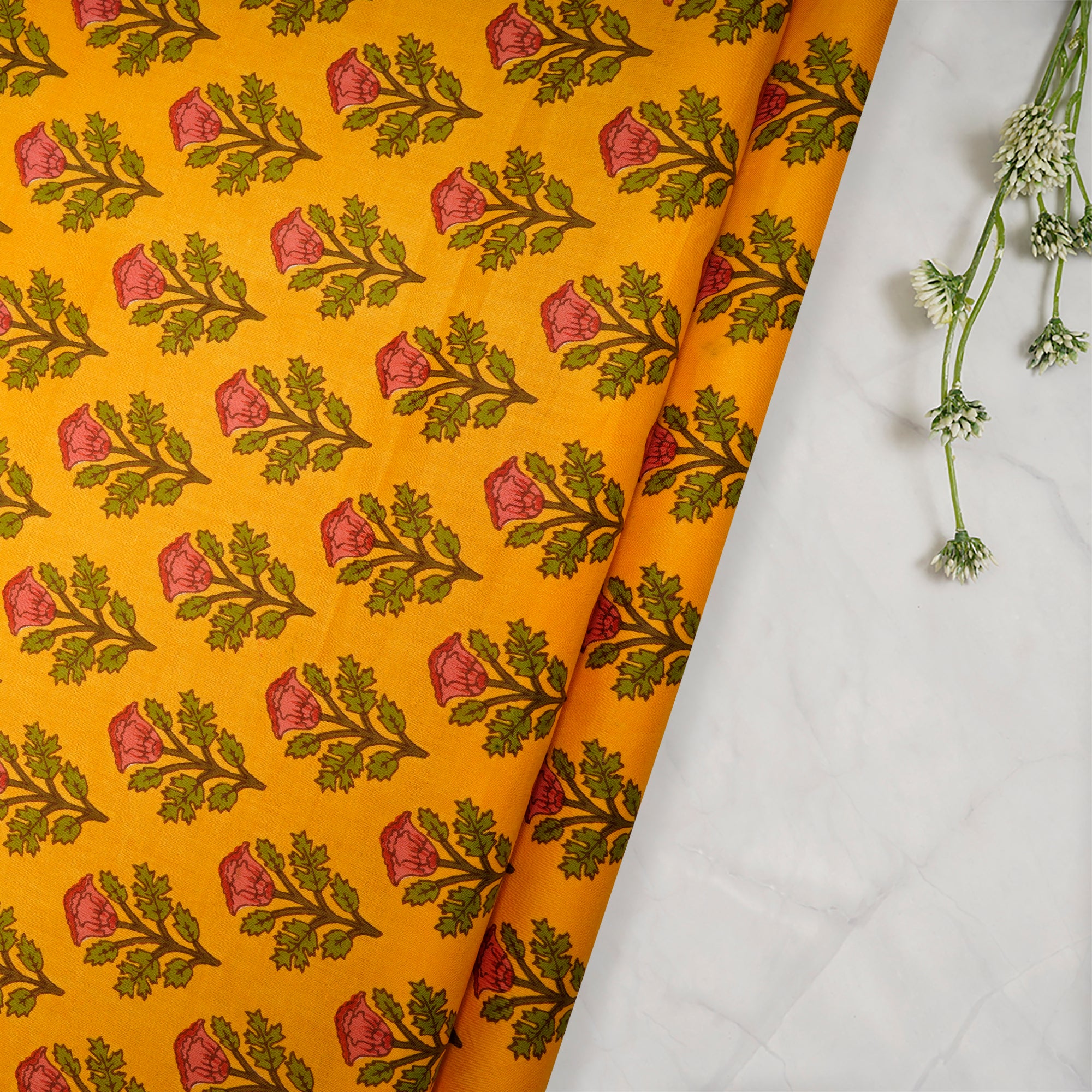 (Pre Cut 1 Mtr )Multi Color Floral Pattern Digital Print Cotton Fabric