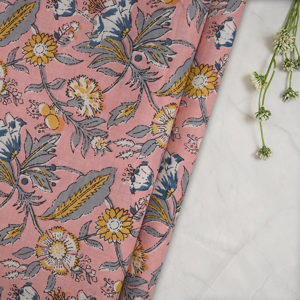 (Pre-Cut 1.55 Mtr) Peach Floral Pattern Hand Block Kalamkari Printed Cotton Fabric