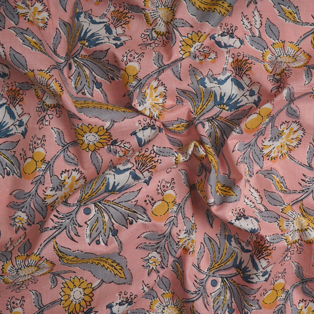(Pre-Cut 1.55 Mtr) Peach Floral Pattern Hand Block Kalamkari Printed Cotton Fabric