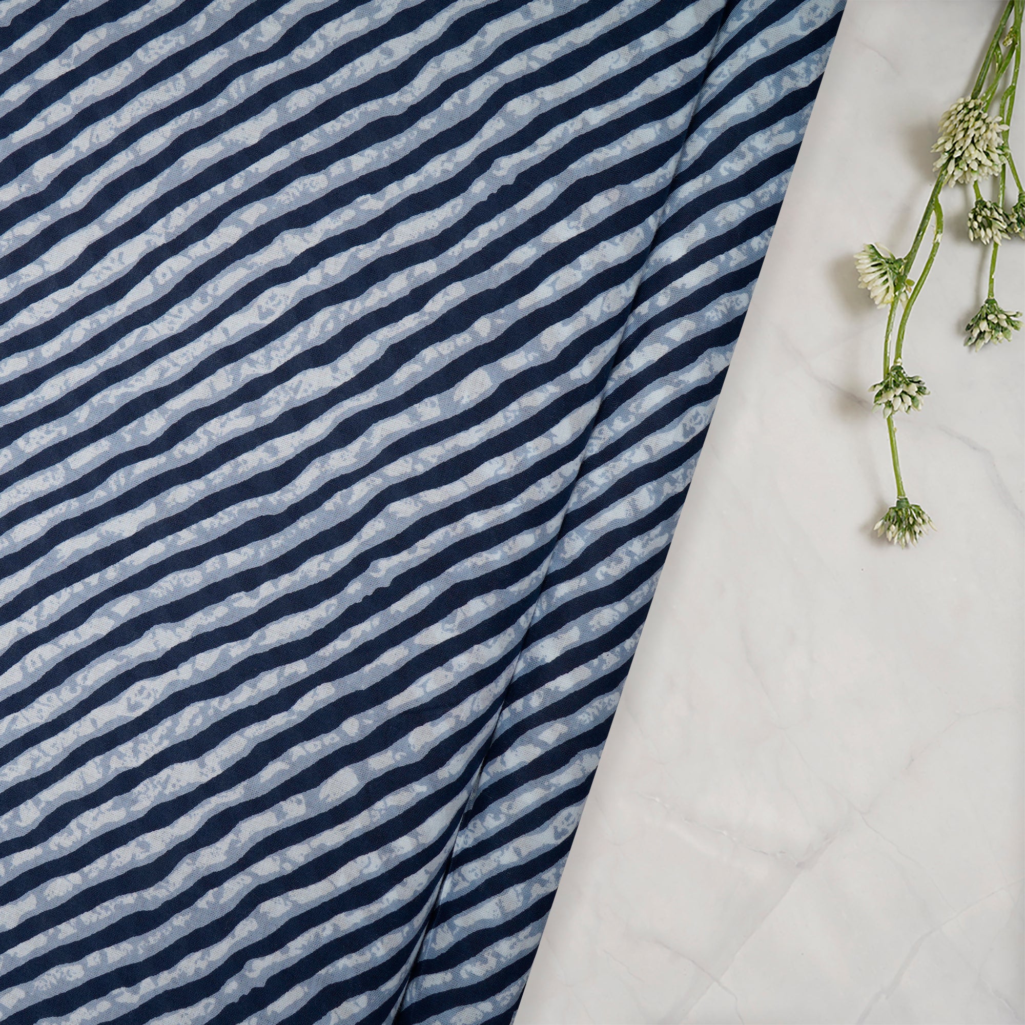 (Pre-Cut 2.50 Mtr)Blue Lehariya Pattern Screen Print Cotton Fabric