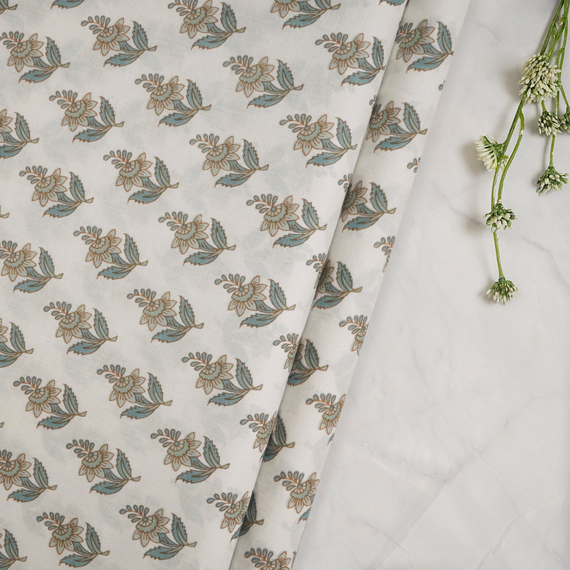 (Pre-Cut 2.80 Mtr)Off-White Floral Motif Pattern Digital Printed Cotton Fabric