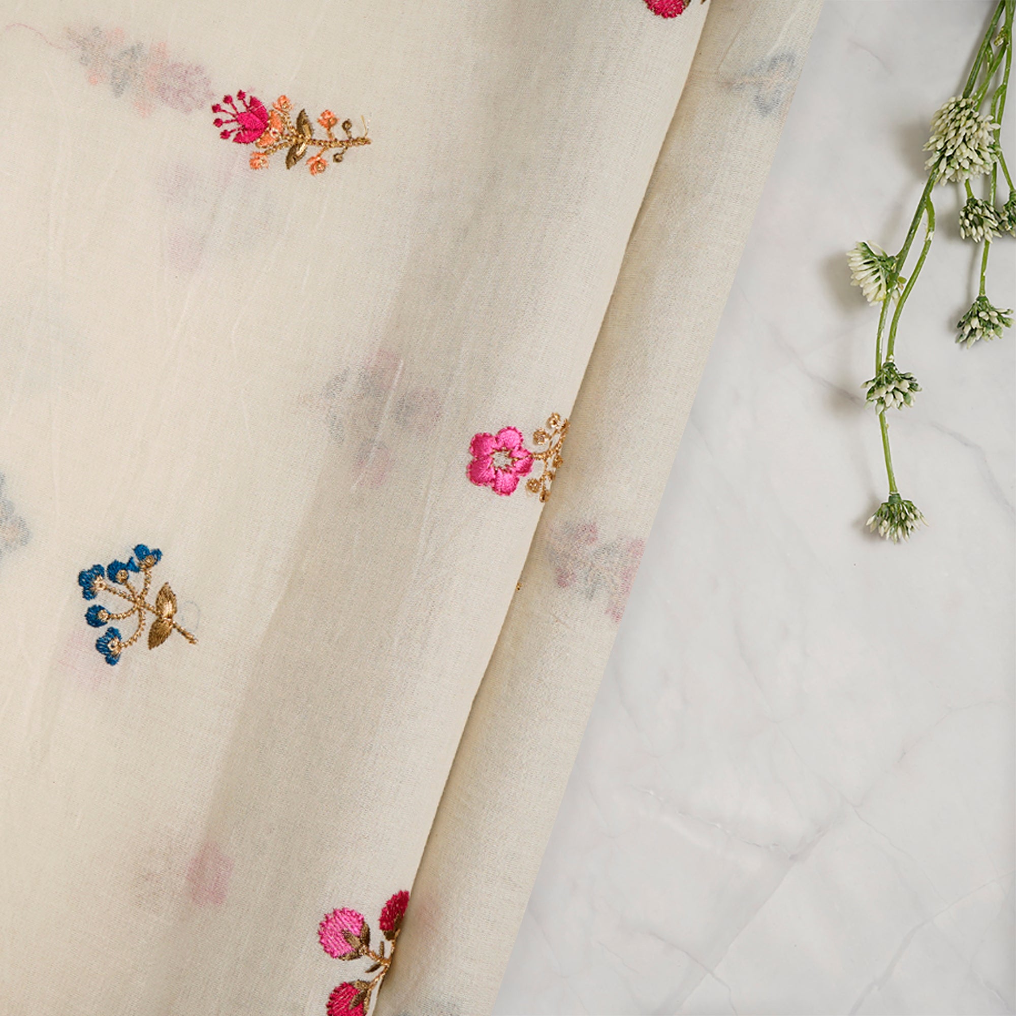 (Pre-Cut 1.45 Mtr)Off White Floral Motif Pattern Embroidered Pure Cotton Fabric