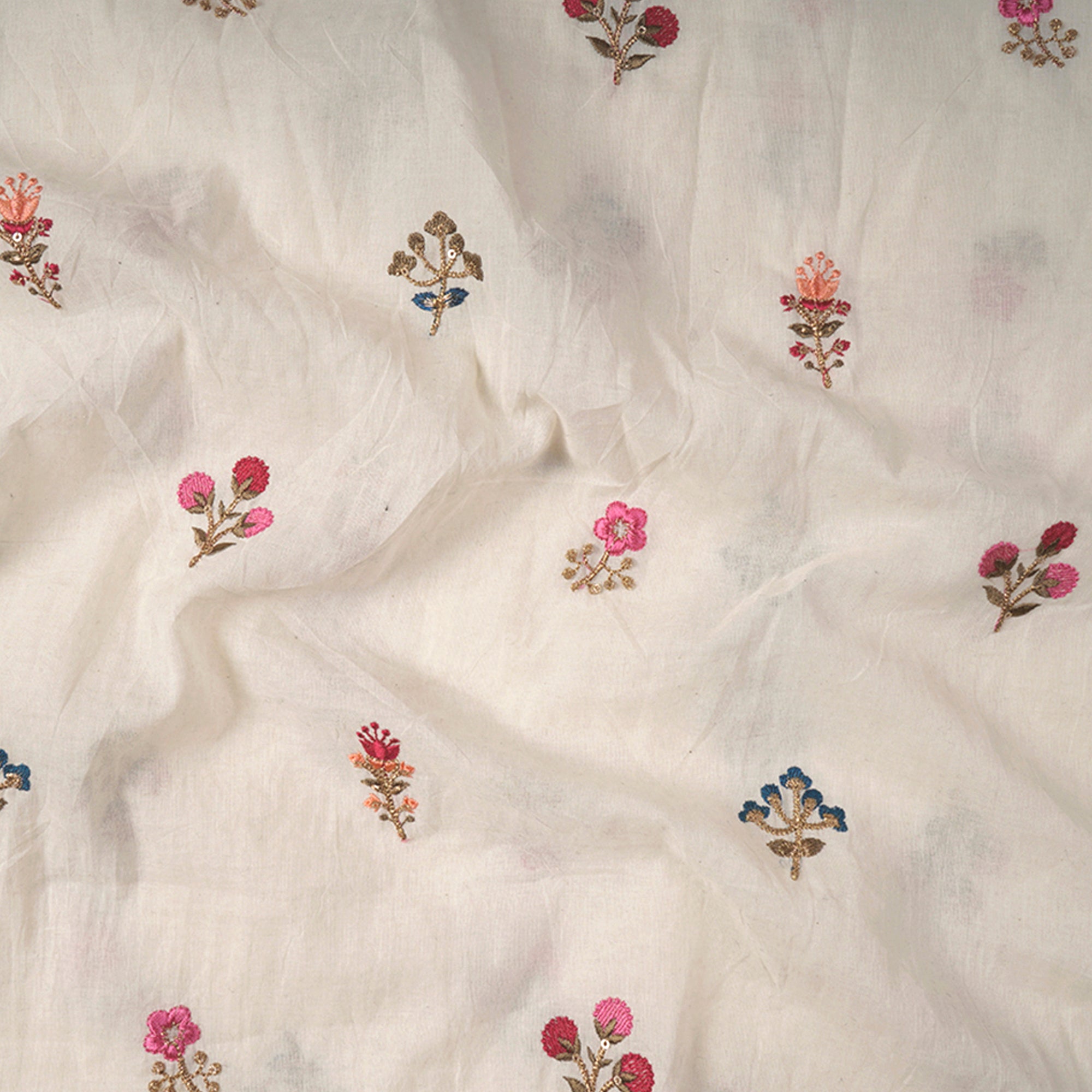 (Pre-Cut 1.45 Mtr)Off White Floral Motif Pattern Embroidered Pure Cotton Fabric