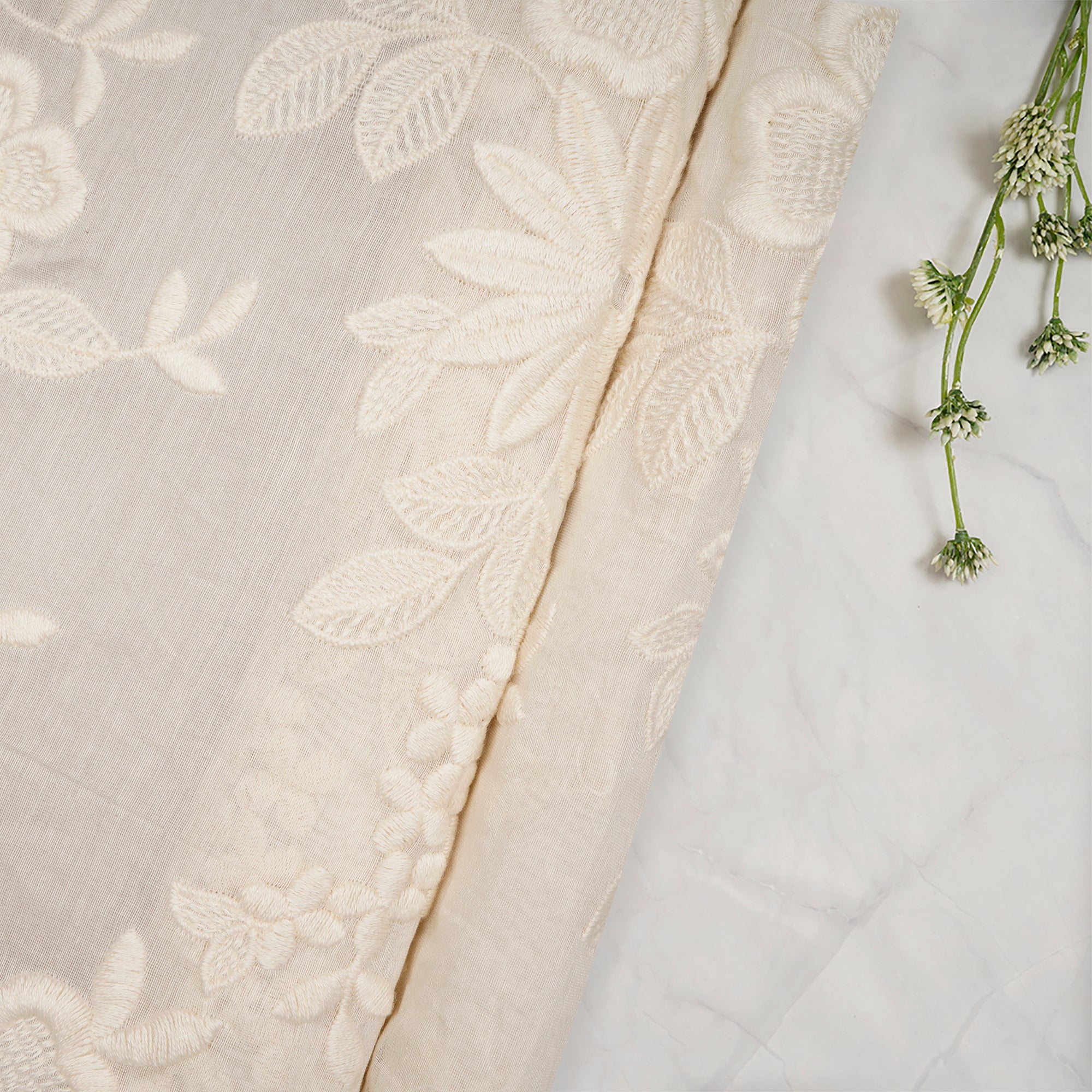 (Pre-Cut 0.60 Mtr)White Color Embroidered Fine Chanderi Fabric