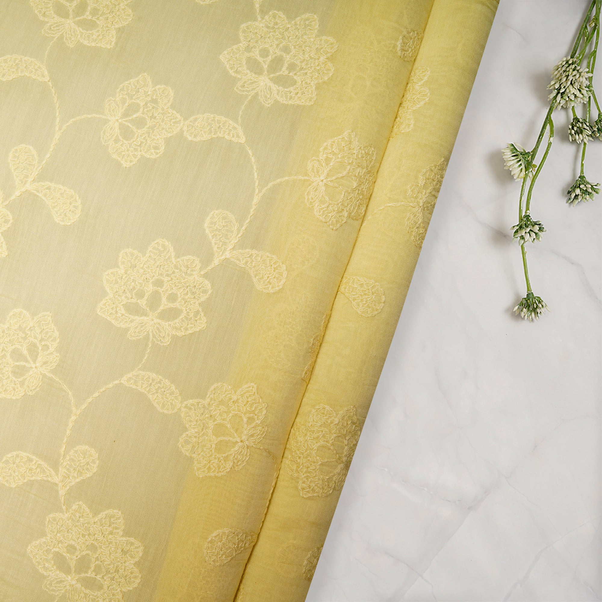 (Pre Cut 0.90 Mtr )Yellow Floral Pattern Embroidered Fine Chanderi Fabric