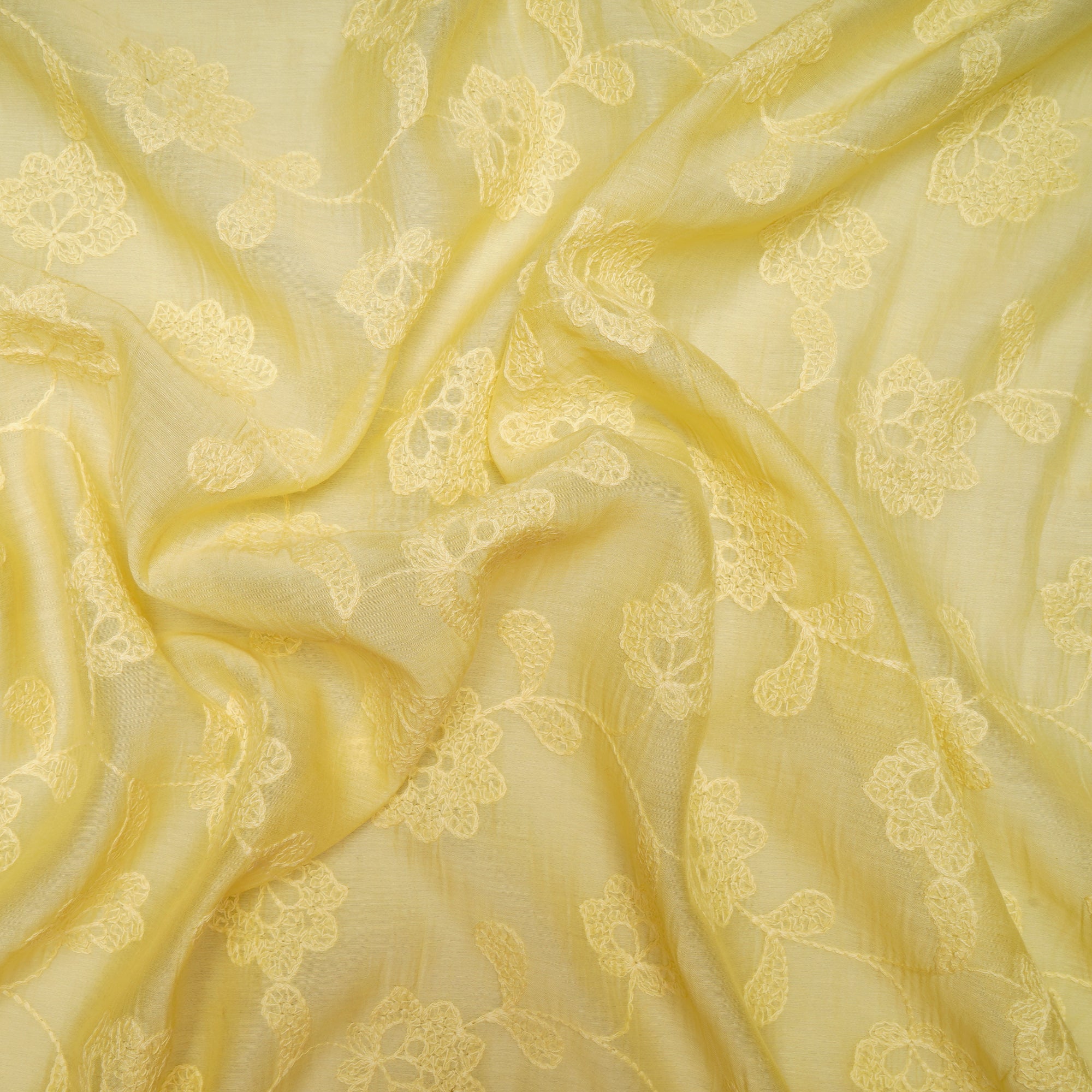 (Pre Cut 0.90 Mtr )Yellow Floral Pattern Embroidered Fine Chanderi Fabric