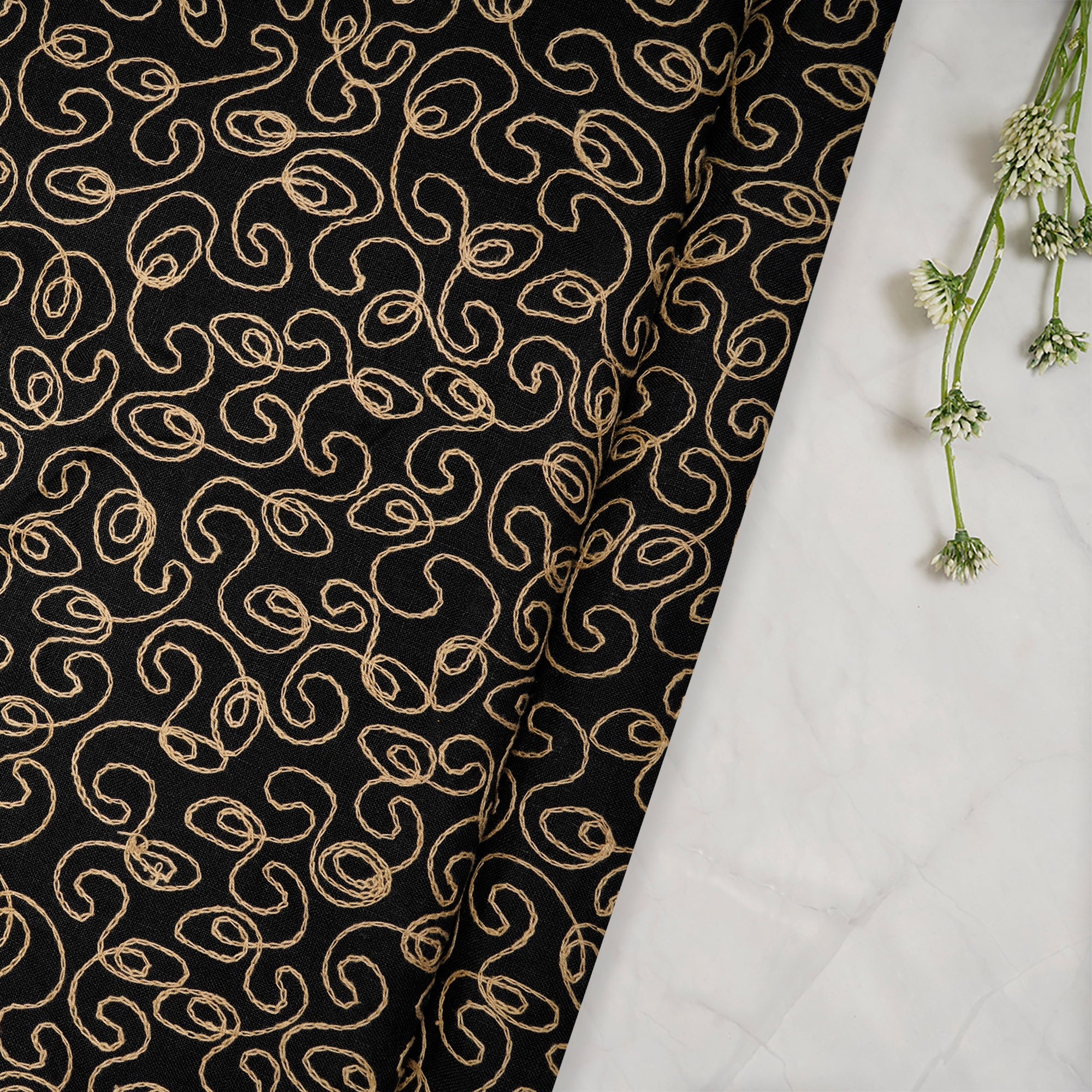 (Pre-Cut 1.80 Mtr)Black All Over Pattern Thread Embroidered Flax Fabric