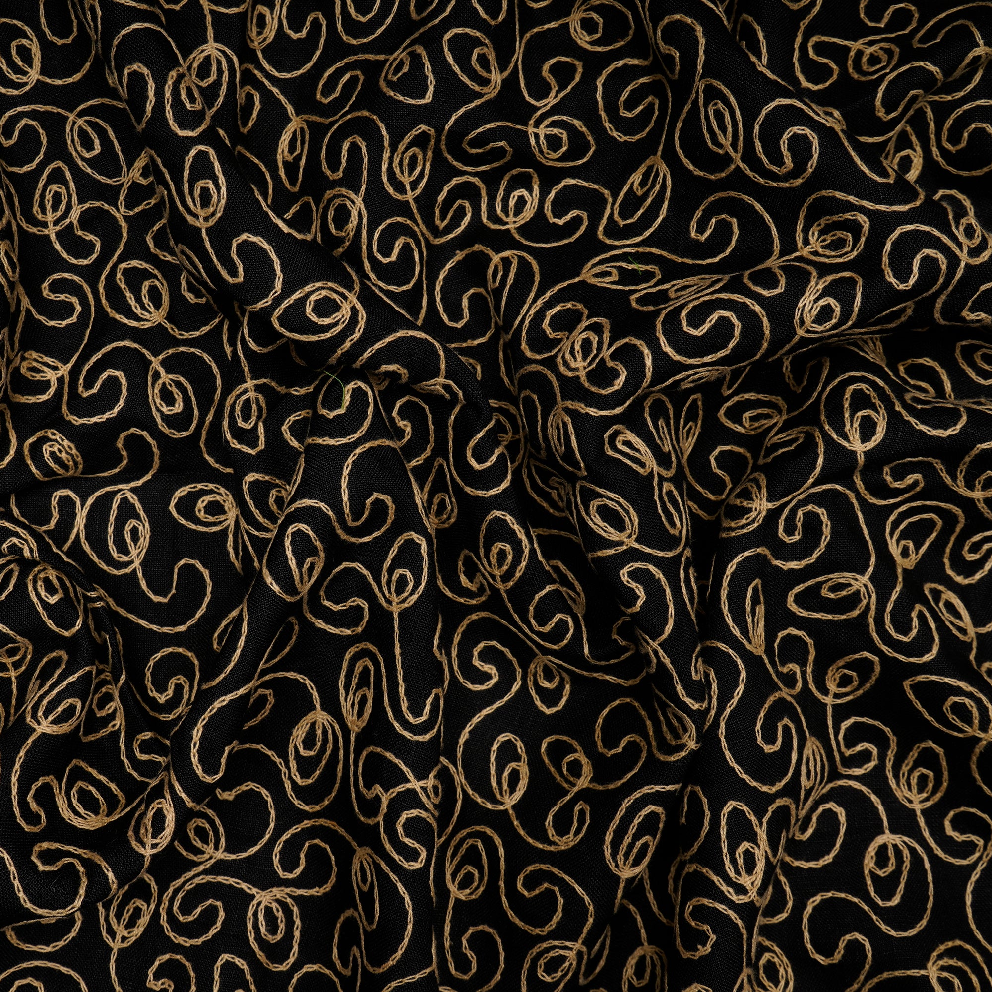 (Pre-Cut 1.80 Mtr)Black All Over Pattern Thread Embroidered Flax Fabric