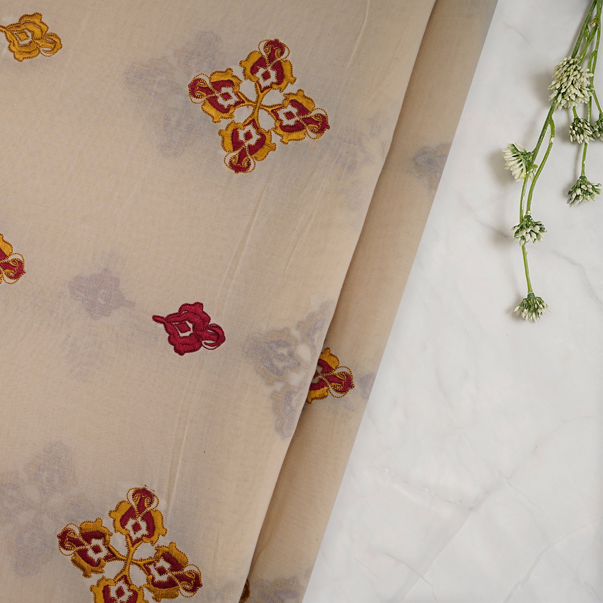 (Pre-Cut 4.30 Mtr) Cream Motif Pattern Thread Embroidered Cotton Fabric