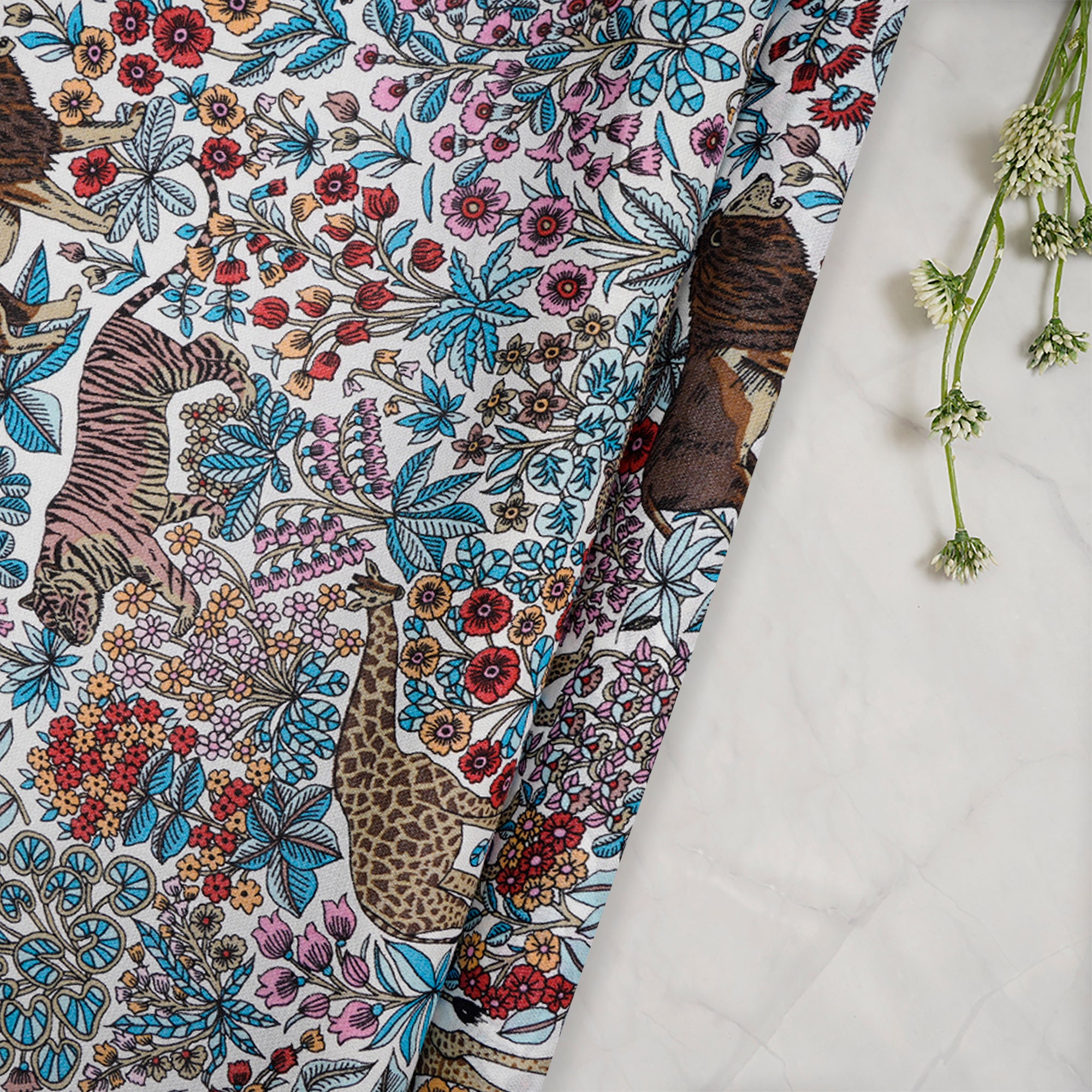 (Pre-Cut 2.60 Mtr)Multi Color Floral Pattern Screen Print Cambric Cotton Fabric