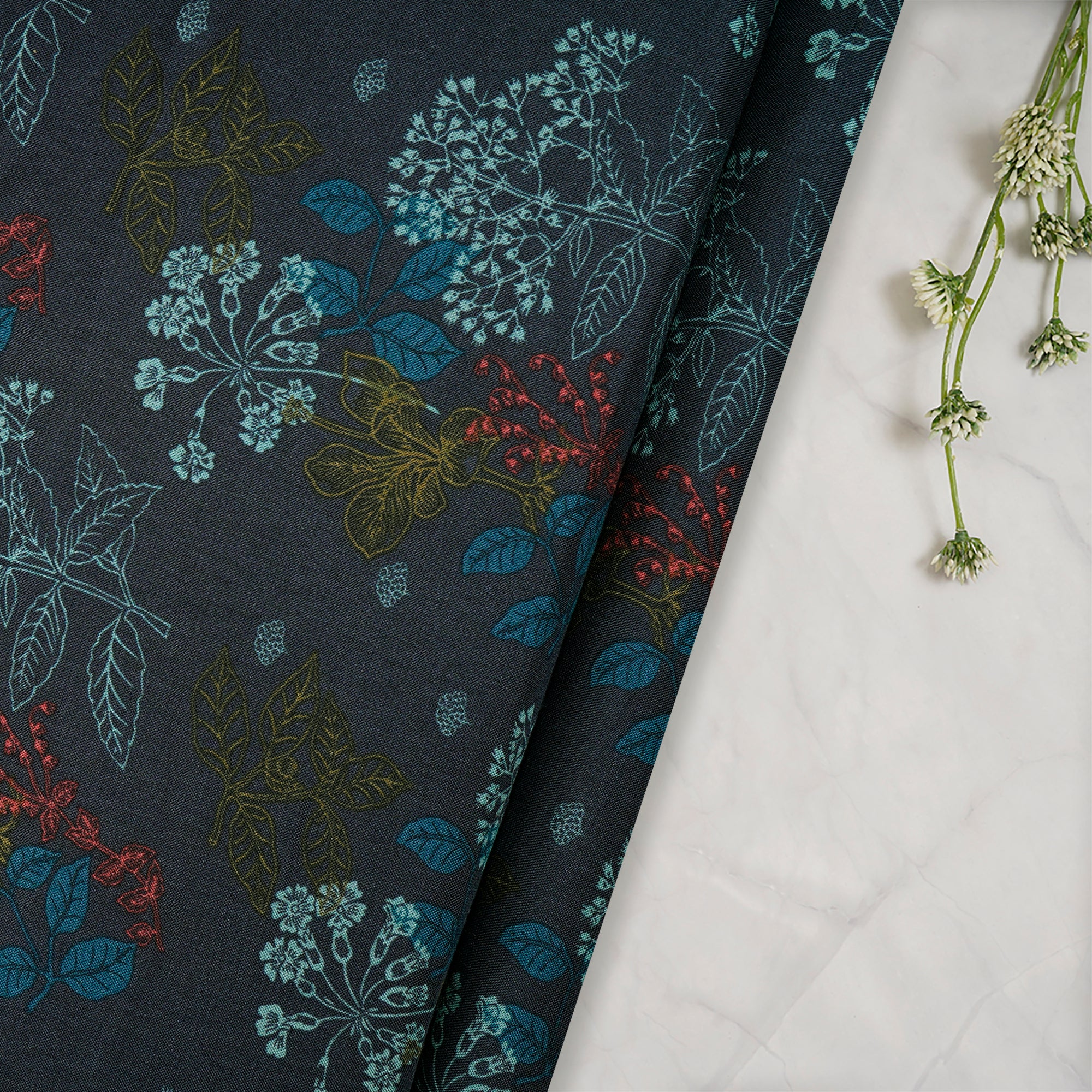 (Pre-Cut 1.85 Mtr) Navy Floral Pattern Printed Viscose Rayon Fabric