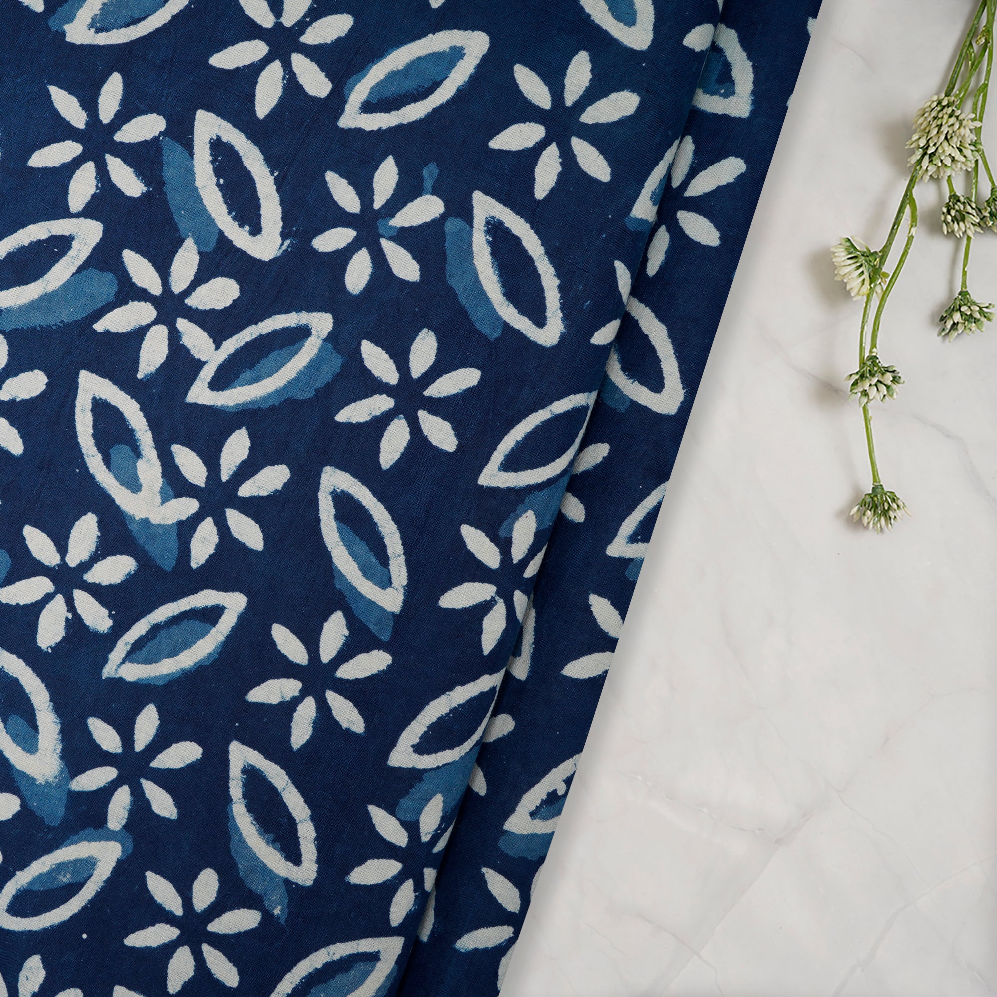 (Pre-Cut 2.40 Mtr)Blue Color Hand Block Bagru Natural Dye Indigo Printed Cotton Fabric