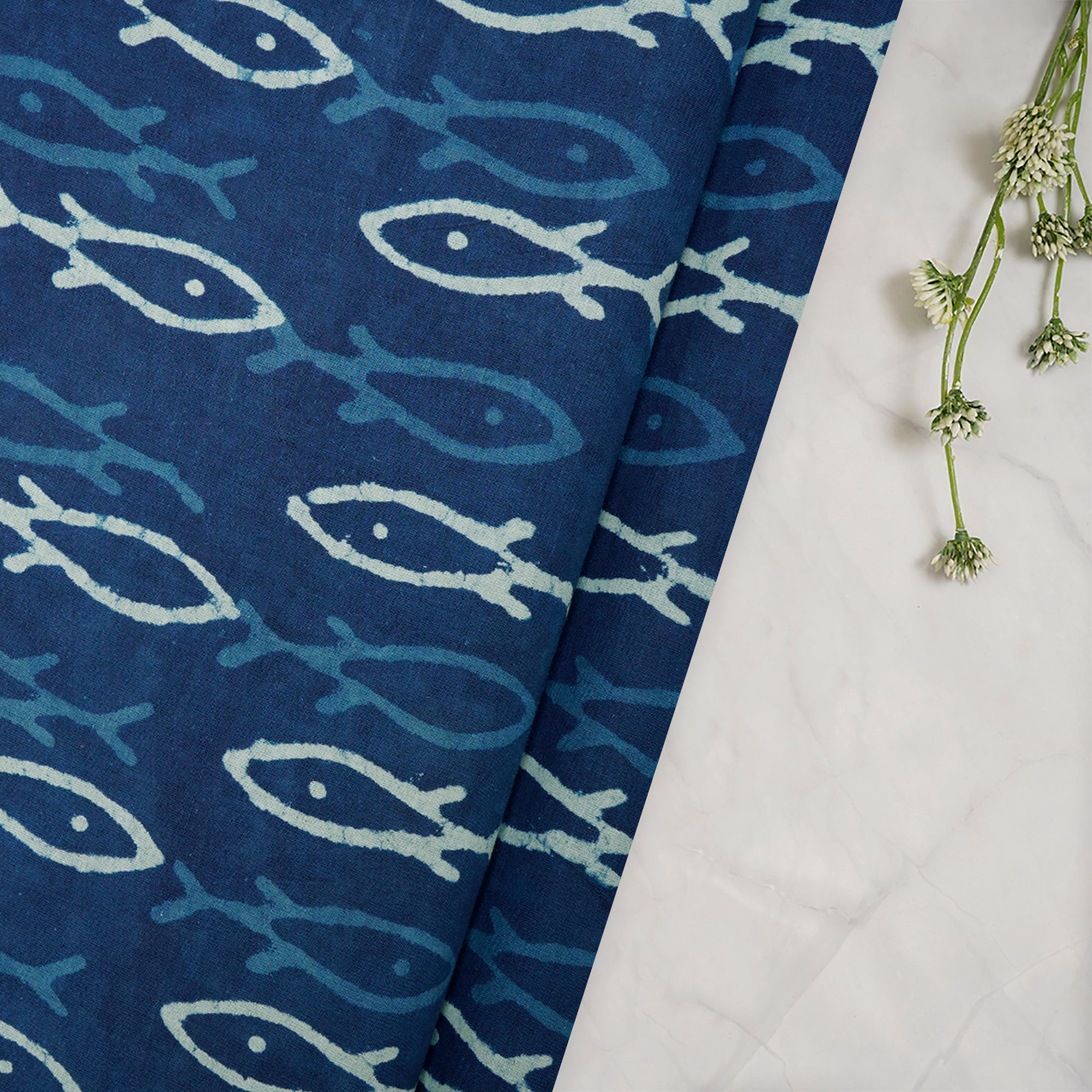 (Pre-Cut 1.40Mtr)Blue Color Hand Block Bagru Natural Dye Indigo Printed Cotton Fabric