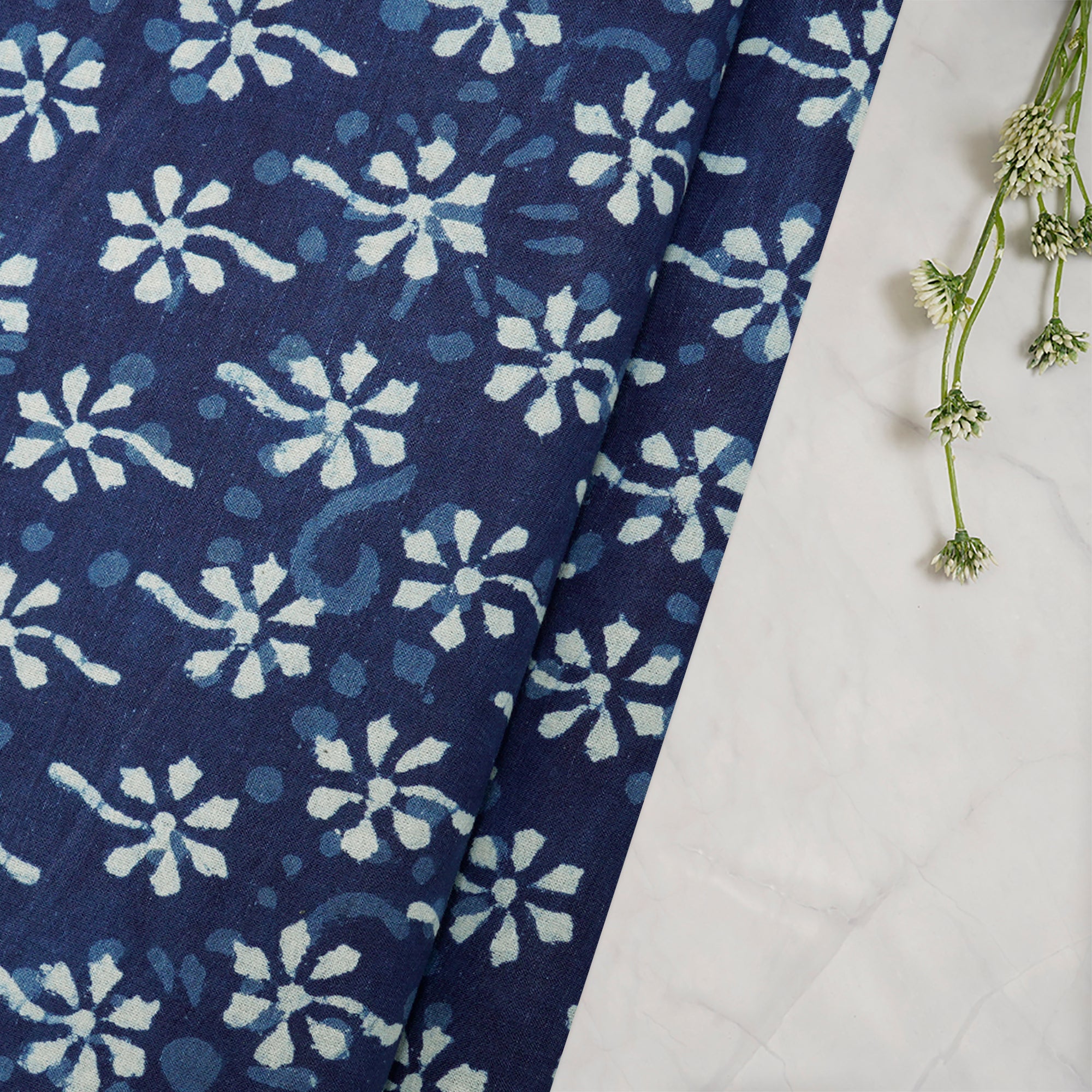 (Pre-Cut 2.00Mtr)Blue Color Hand Block Bagru Natural Dye Indigo Printed Cotton Fabric