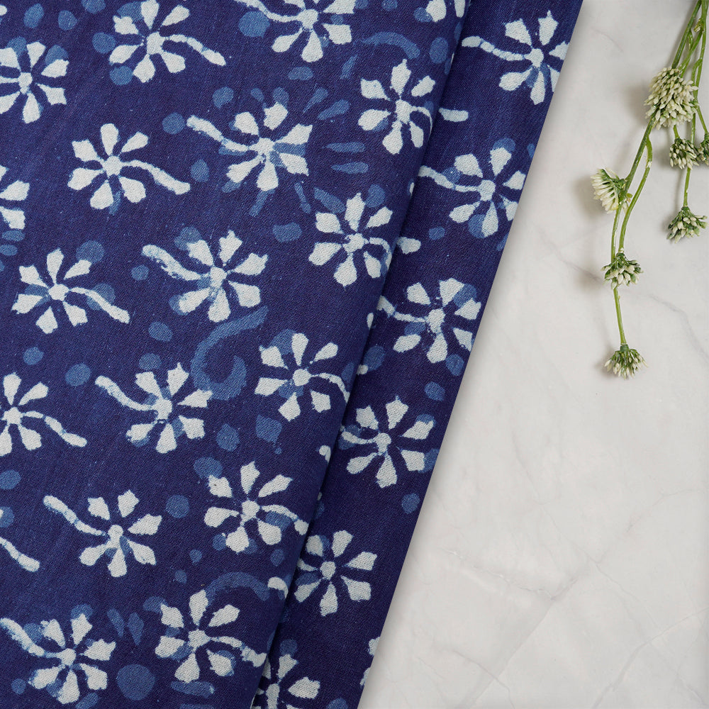 (Pre-Cut 4.40 Mtr)Blue Color Hand Block Bagru Natural Dye Indigo Printed Cotton Fabric