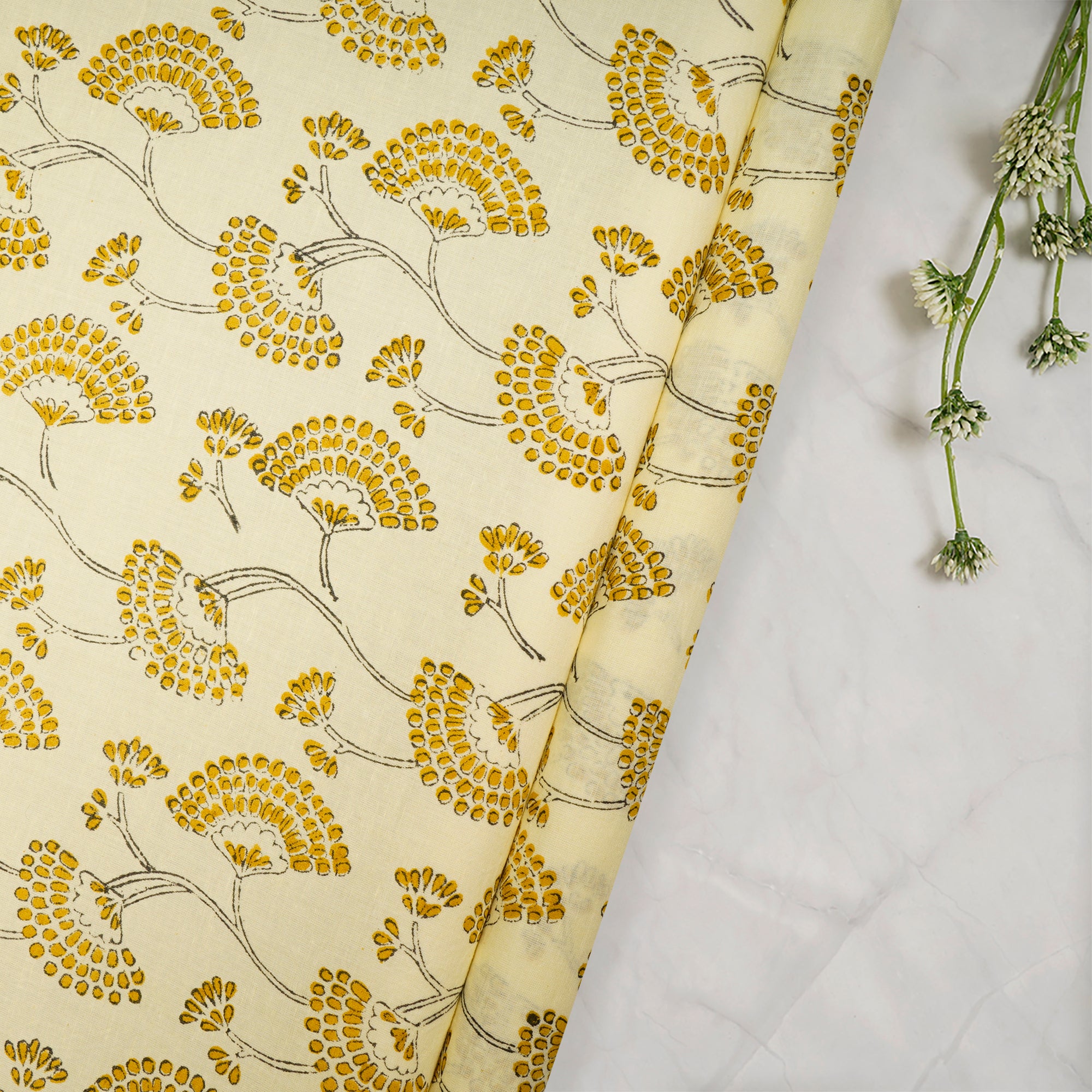 (Pre Cut 1 Mtr )Light Yellow Color Hand Block Natural Dye Bagru Dabu Printed Cotton Fabric