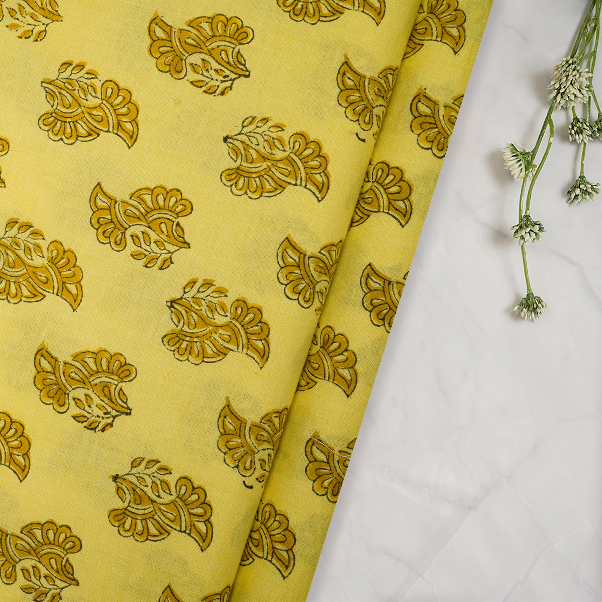 (Pre-Cut 1.40 Mtr) Yellow Hand Block Natural Dye Bagru Dabu Printed Cotton Fabric