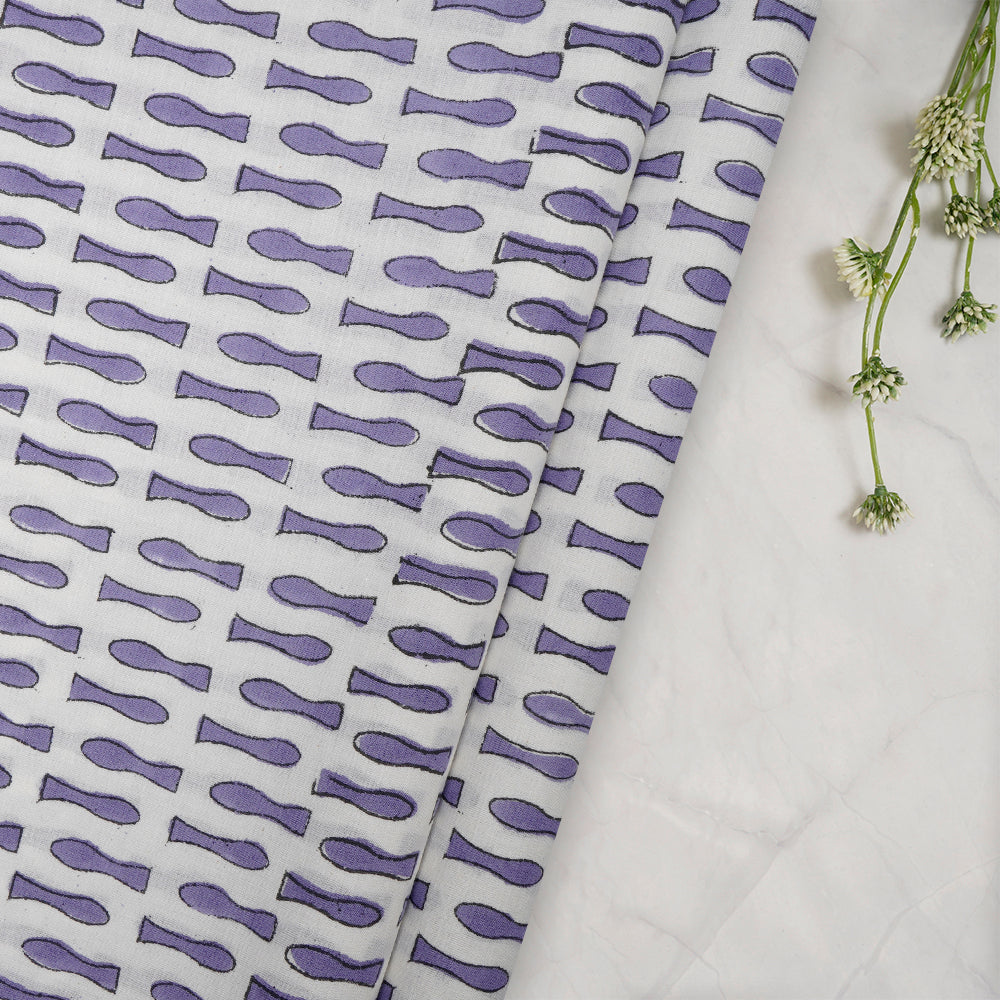 (Pre-Cut 1.70 Mtr)White-Purple All Over Pattern Hand Block Bagru Print Cotton Fabric