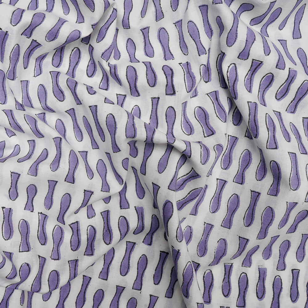 (Pre-Cut 1.70 Mtr)White-Purple All Over Pattern Hand Block Bagru Print Cotton Fabric