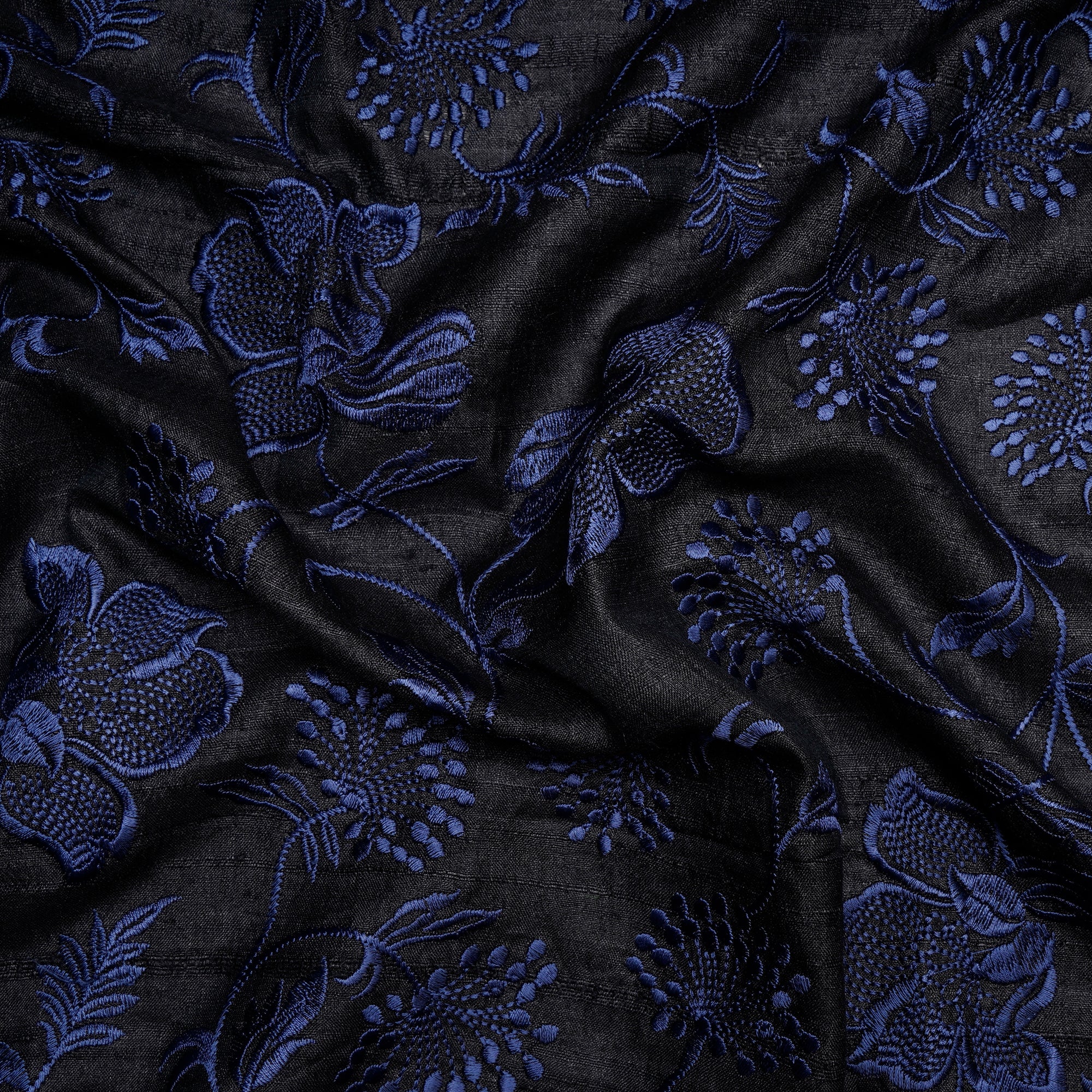 (Pre Cut 0.60 Mtr )Black-Blue Floral Pattern Embroidered Tusser Fabric