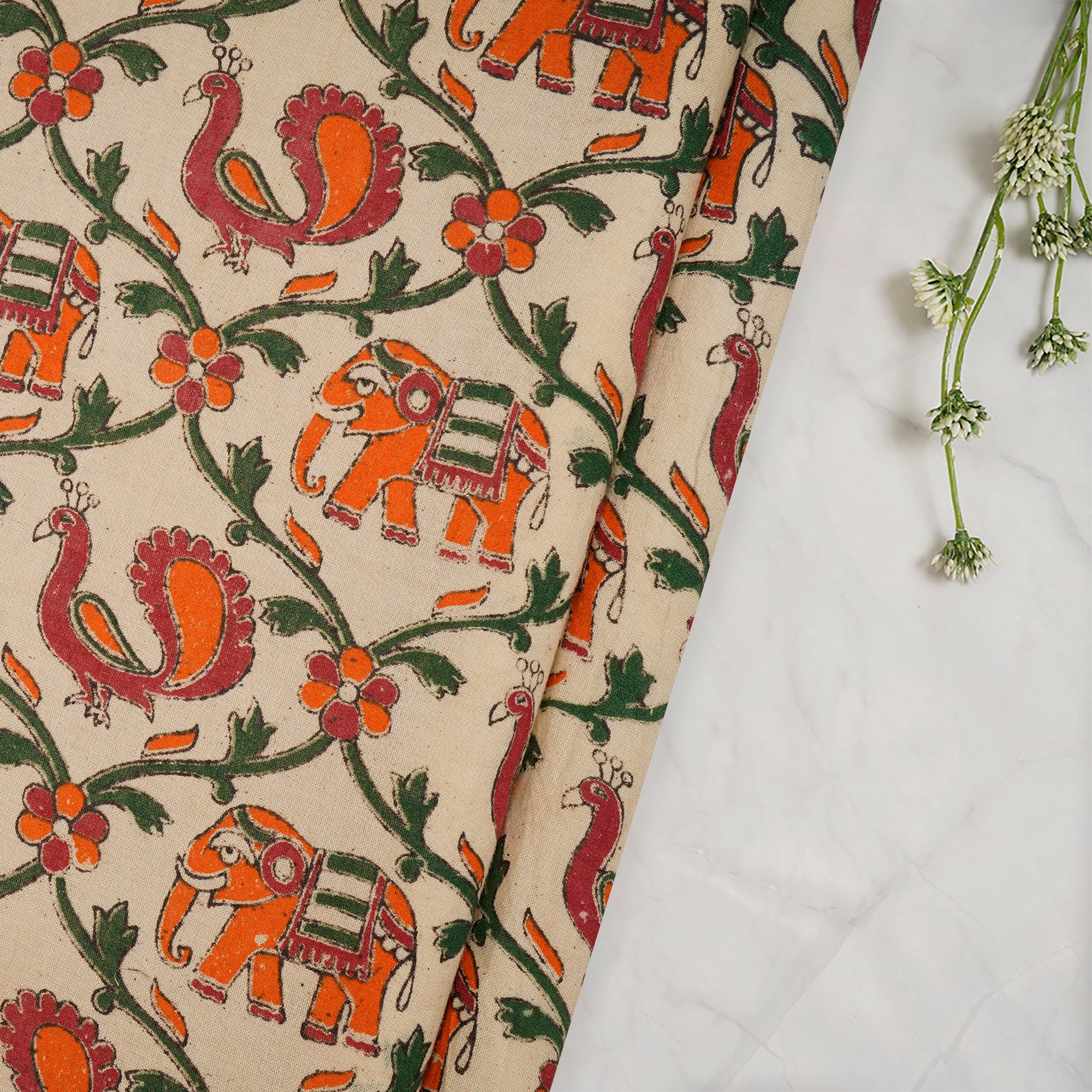 (Pre-Cut 0.60 Mtr)Multi Color Traditional Pattern Screen Printed kalamkari Cotton Fabric