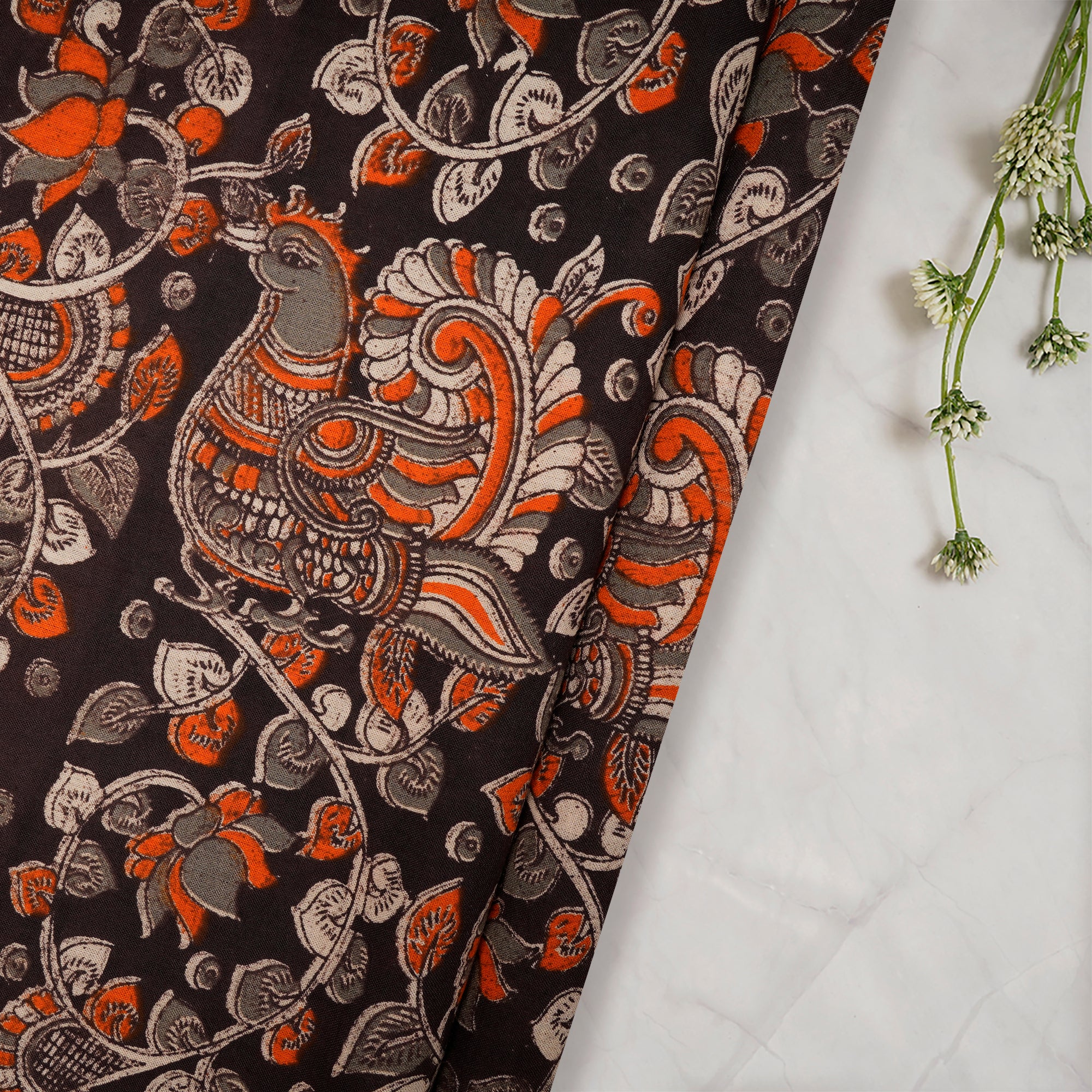 (Pre-Cut 1.10 Mtr)Multi Color Floral Pattern Screen Printed kalamkari Cotton Fabricprecuts&&2035