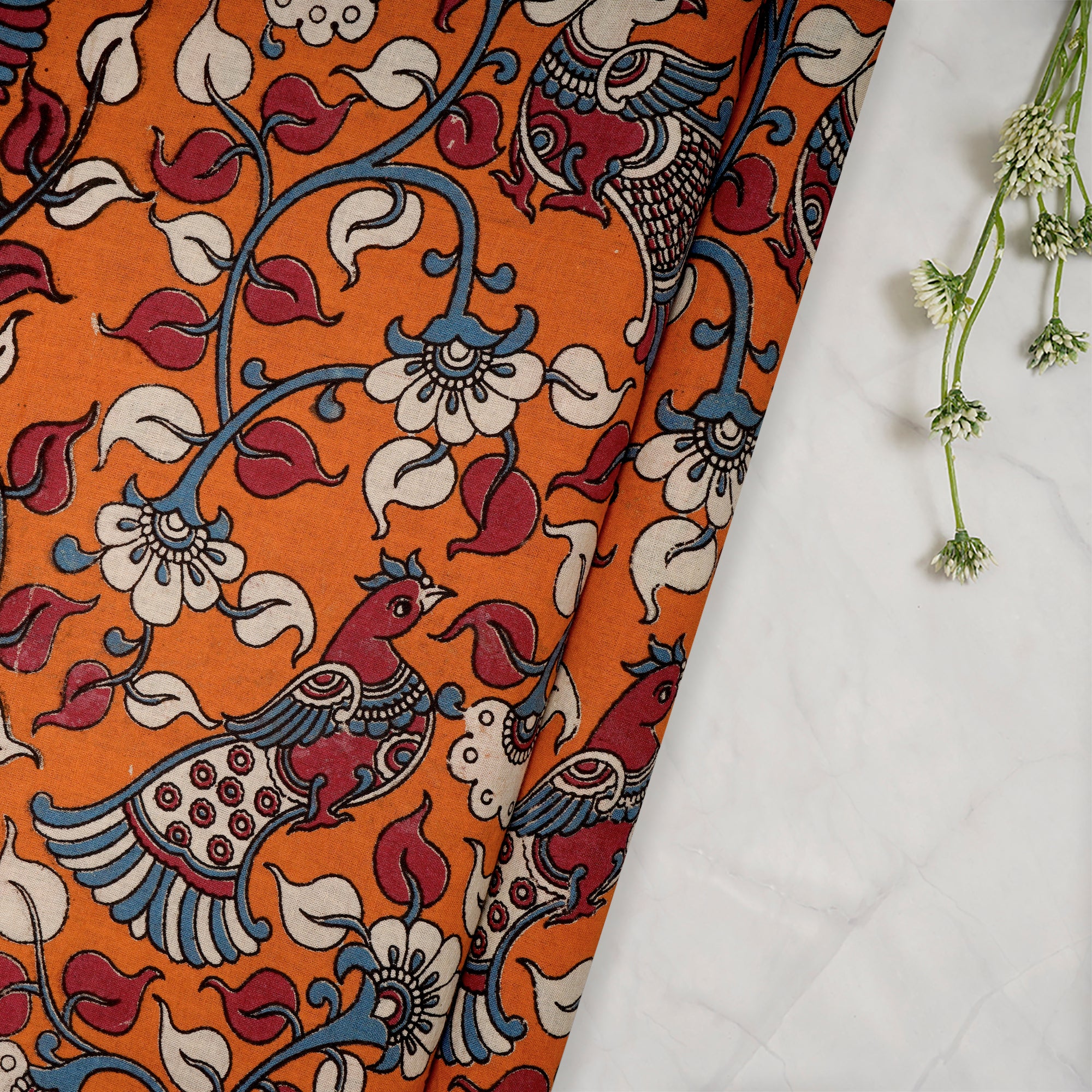 (Pre-Cut 1.25 Mtr)Multi Color Floral Pattern Screen Printed kalamkari Cotton Fabric