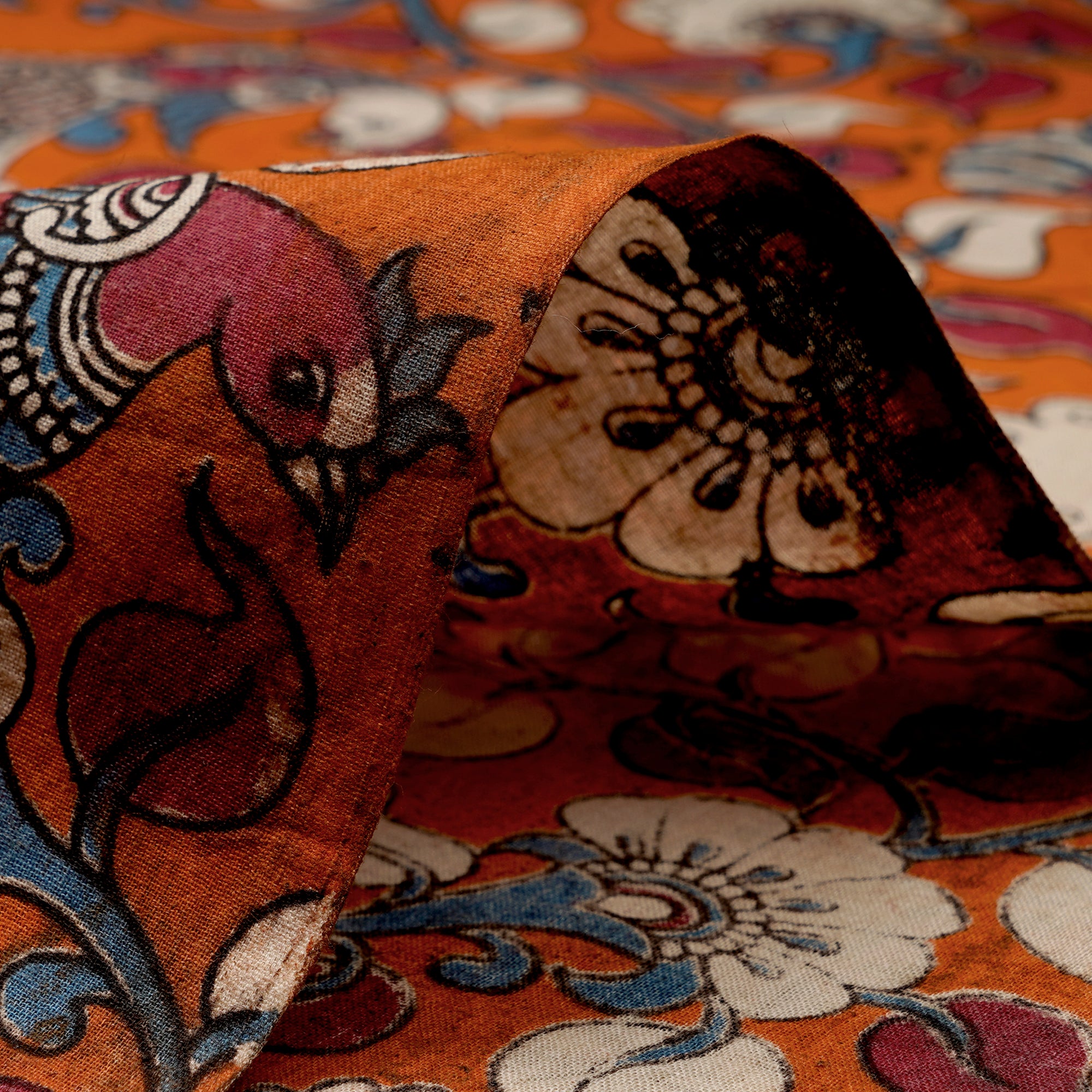 (Pre-Cut 1.25 Mtr)Multi Color Floral Pattern Screen Printed kalamkari Cotton Fabric