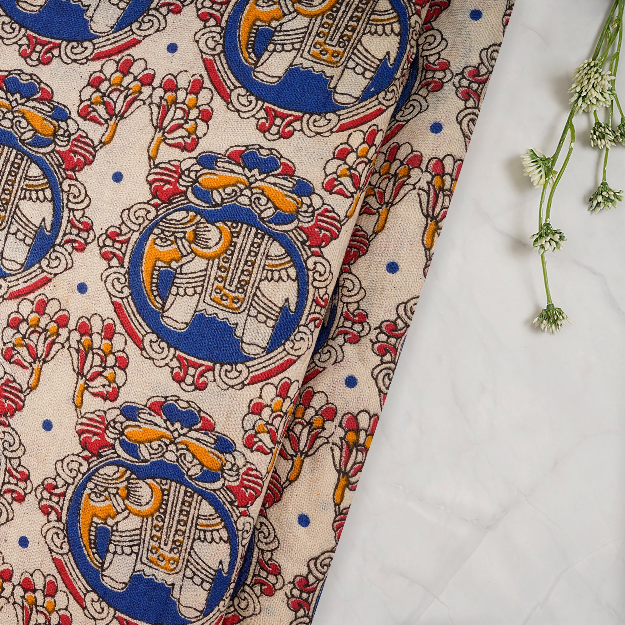 (Pre-Cut 1.50 Mtr)Multi Color Traditional Pattern Screen Print Cotton Fabric