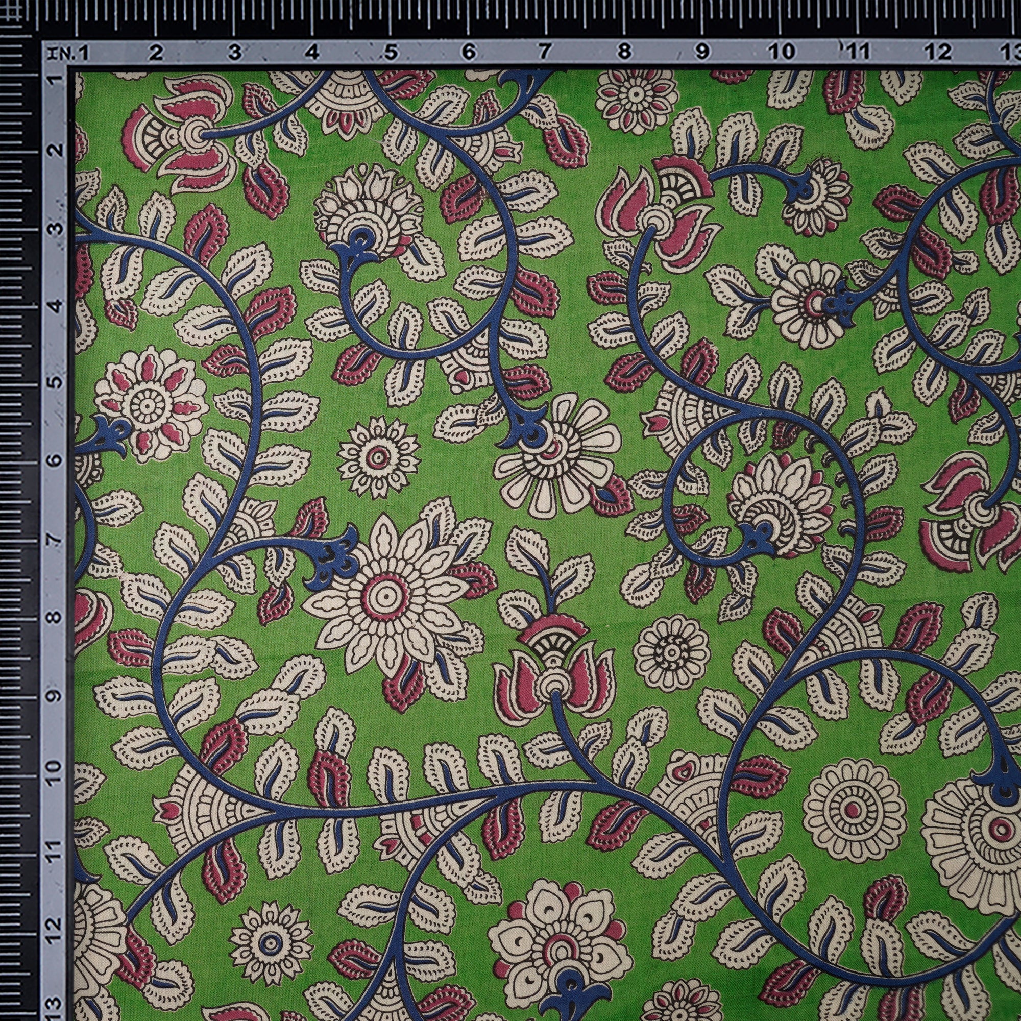 (Pre-Cut 1.70 Mtr)Green Floral Pattern Screen Printed kalamkari Cotton Fabric
