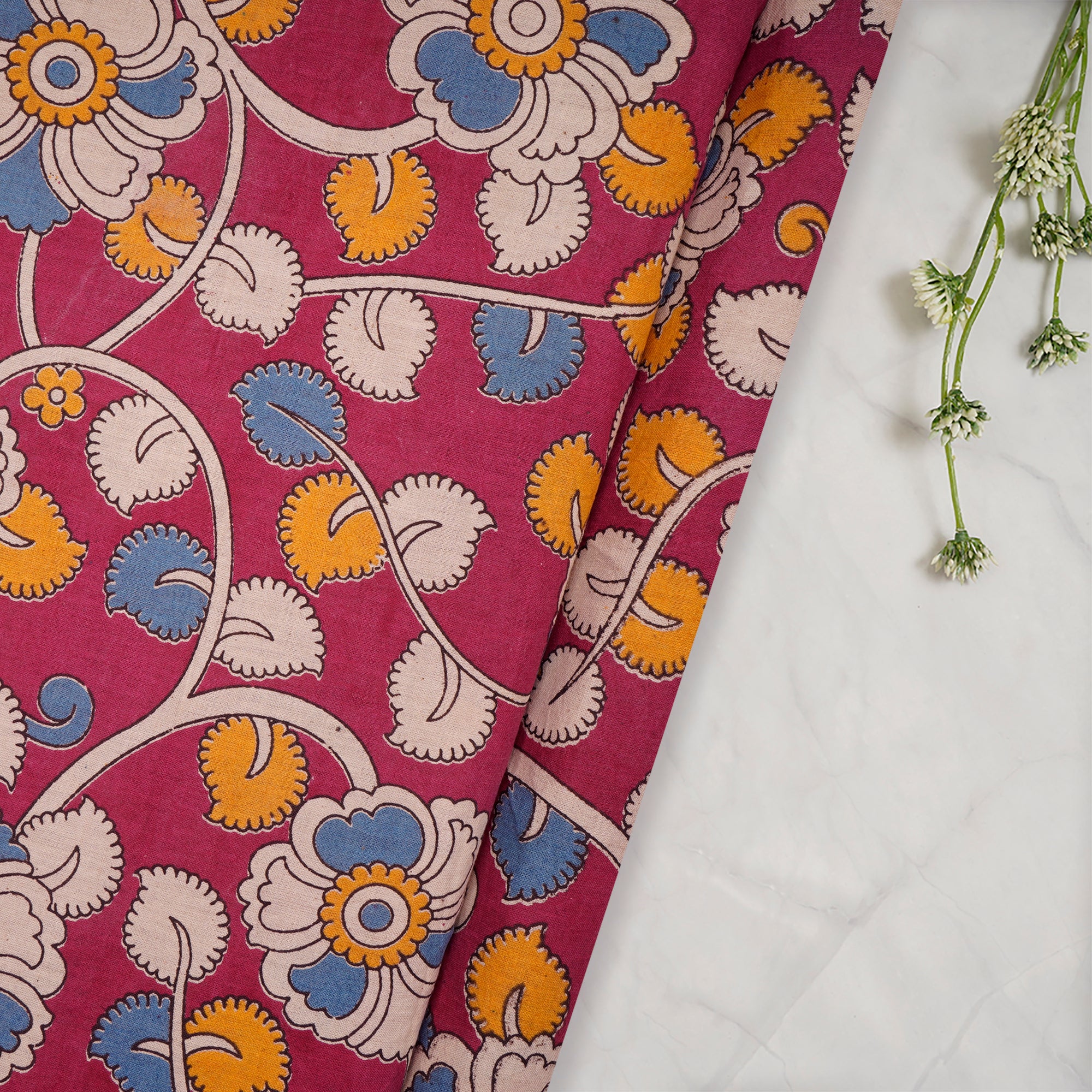 (Pre-Cut 2.40 Mtr)Multi Color Floral Pattern Screen Printed kalamkari Cotton Fabric