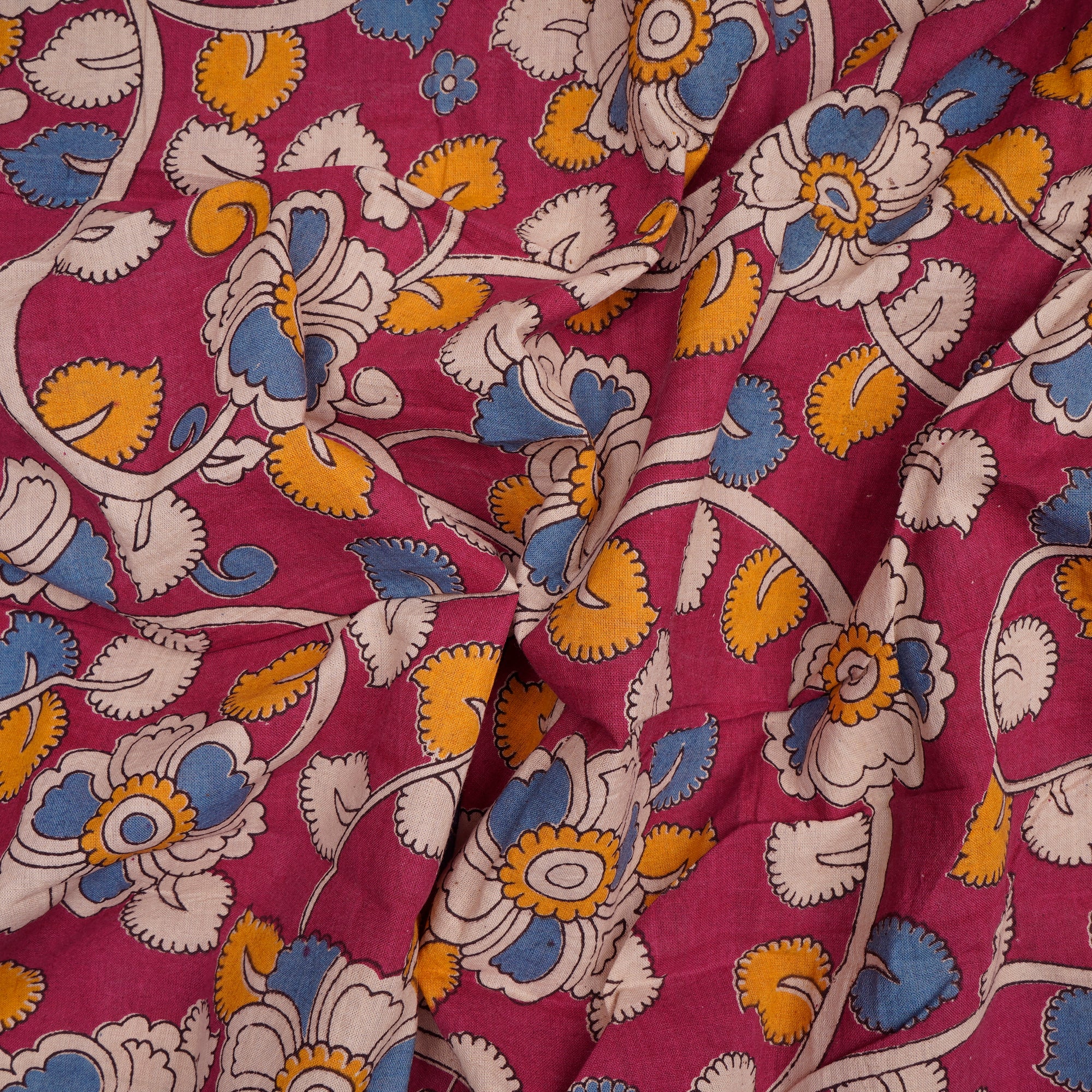 (Pre-Cut 2.40 Mtr)Multi Color Floral Pattern Screen Printed kalamkari Cotton Fabric