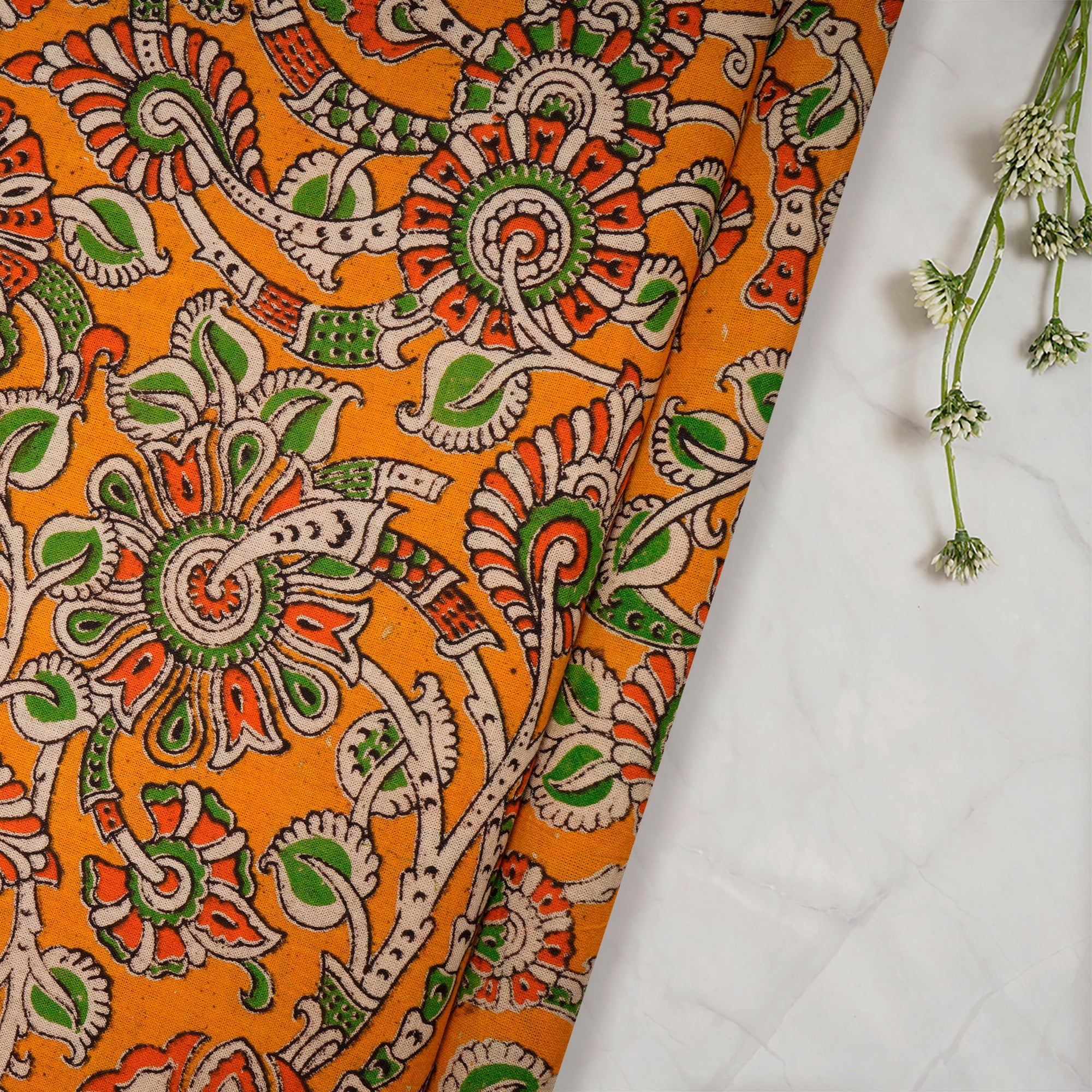 (Pre-Cut 2.60 Mtr)Multi Color Floral Pattern Screen Printed kalamkari Cotton Fabricprecuts&&2039