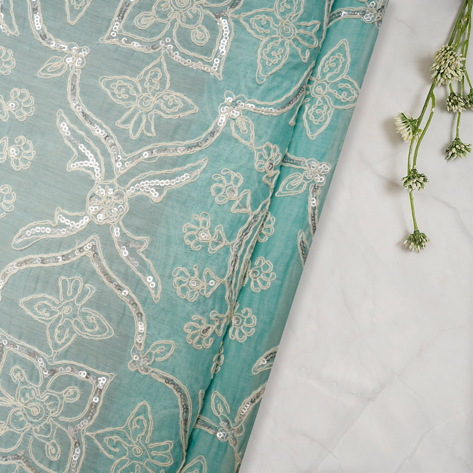 (Pre Cut 0.65Mtr )Light Blue Embroidered Pure Chanderi Fabric with Sequins Work