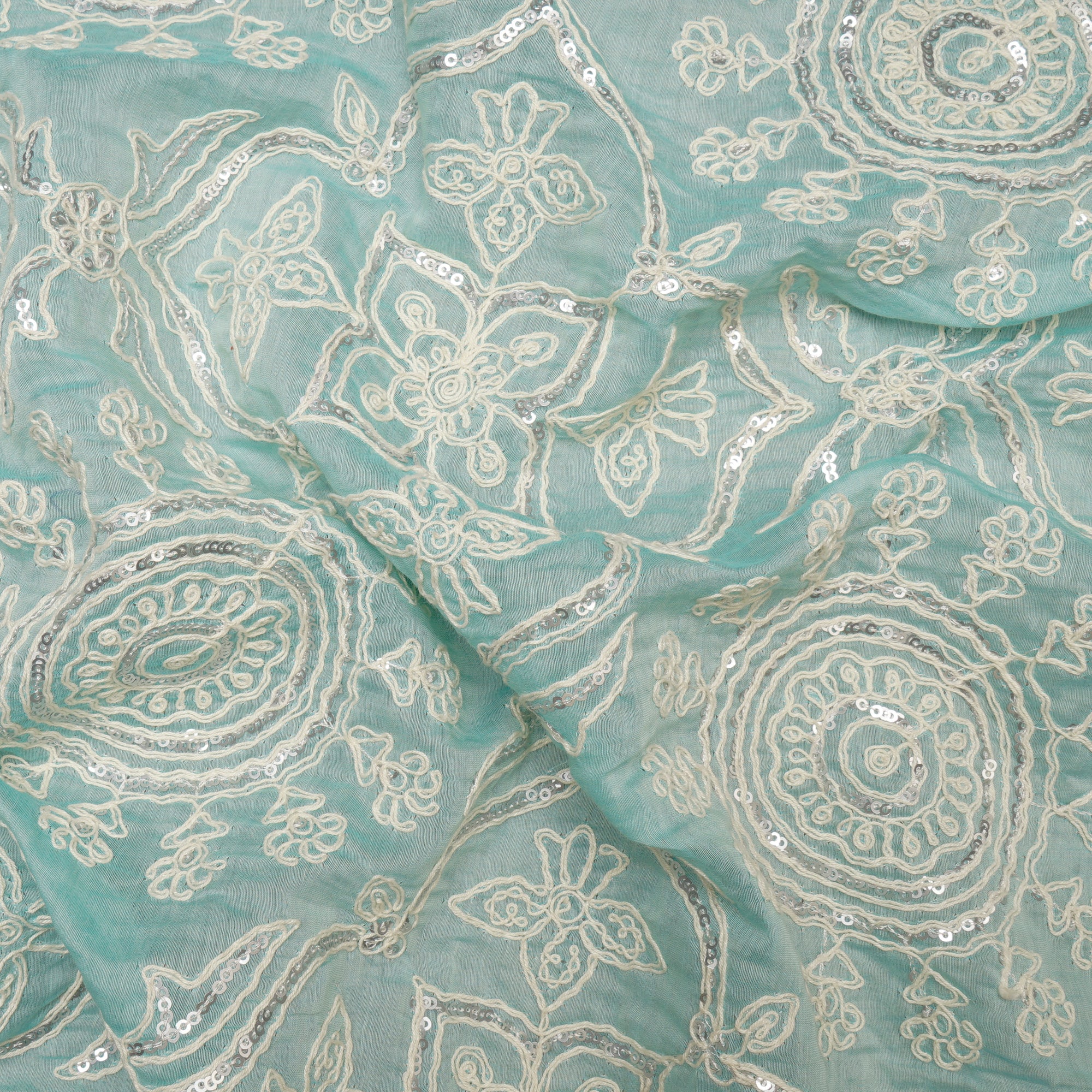 (Pre Cut 0.65Mtr )Light Blue Embroidered Pure Chanderi Fabric with Sequins Work