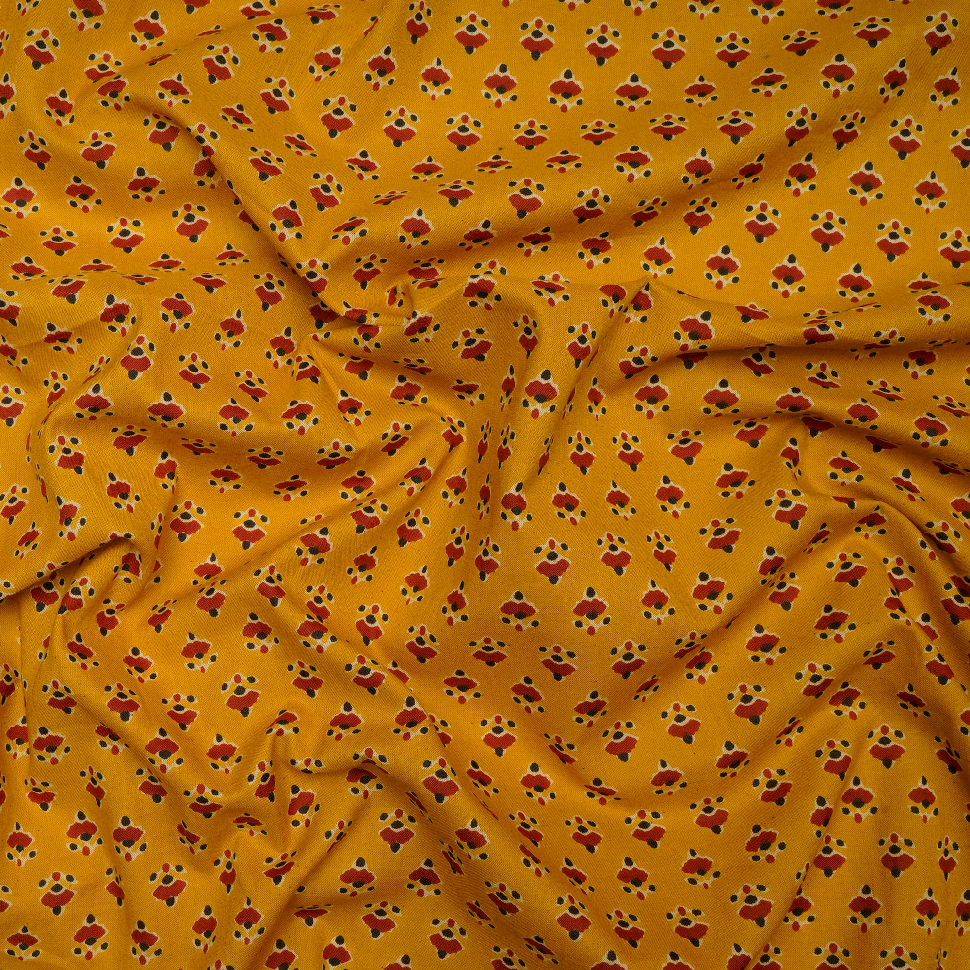 (Pre Cut 0.70 Mtr )Mustard Floral Booti Screen Printed Pure Cotton Fabric