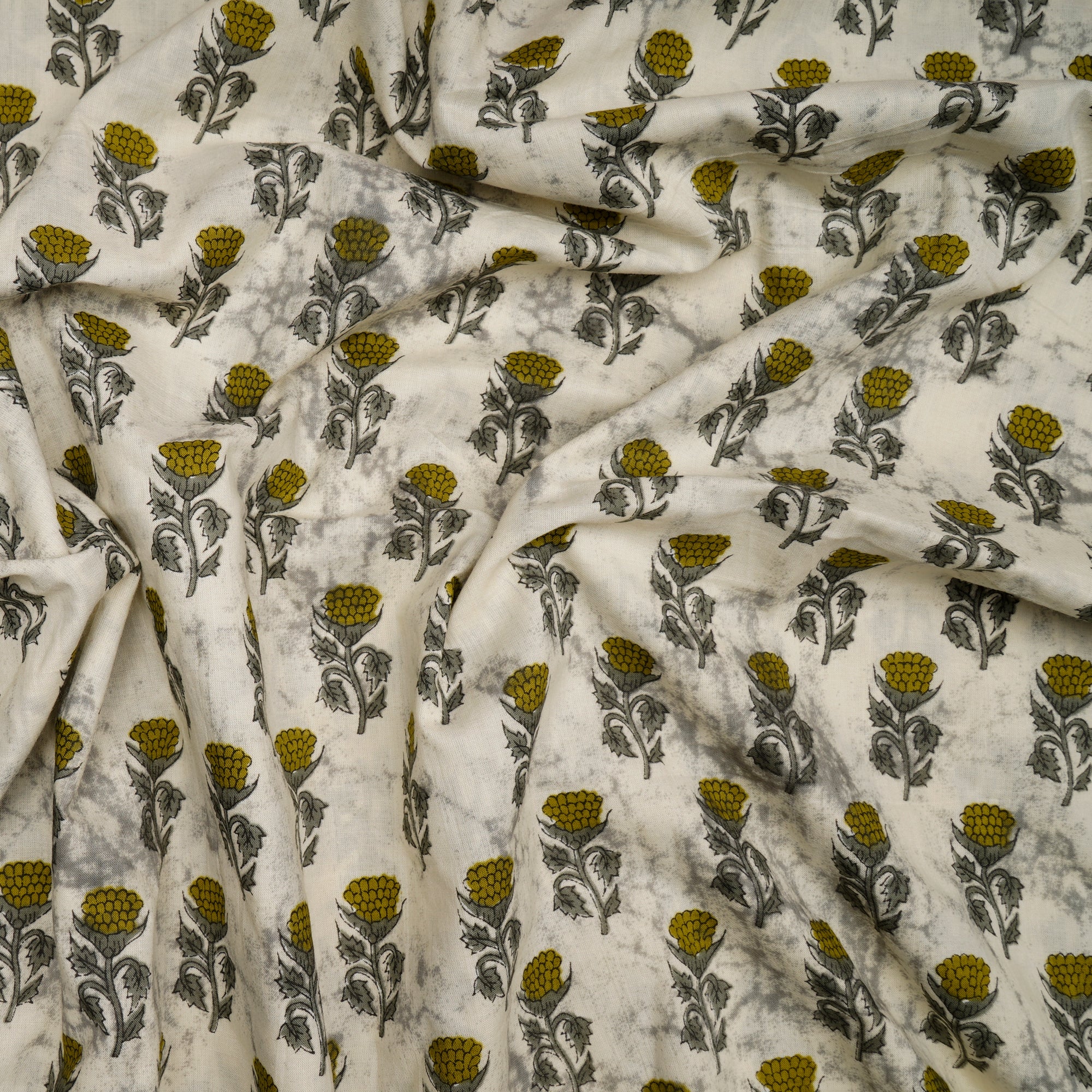 (Pre-Cut 1.25 Mtr)Grey-Off White Floral Booti Screen Printed Pure Cotton Fabric