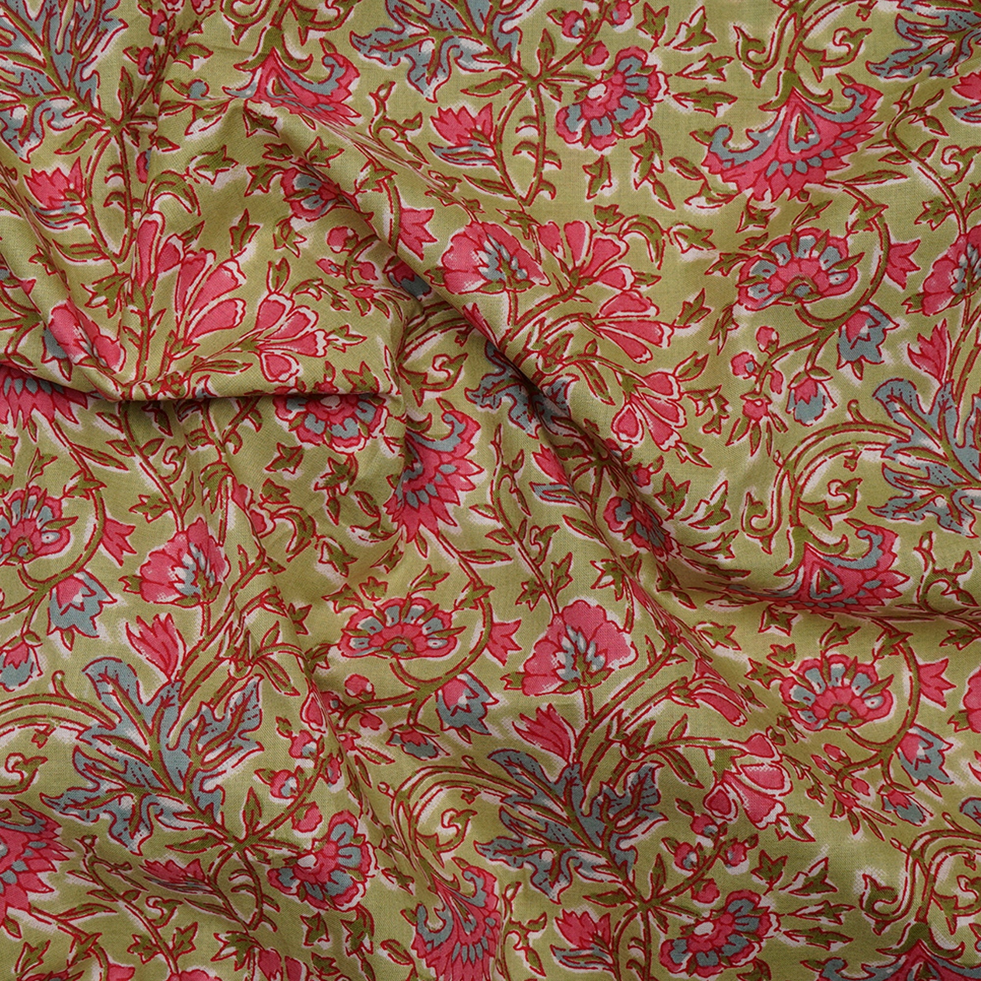 (Pre-Cut 1.30 Mtr)Light Green Floral Pattern Screen Printed Pure Cotton Fabric