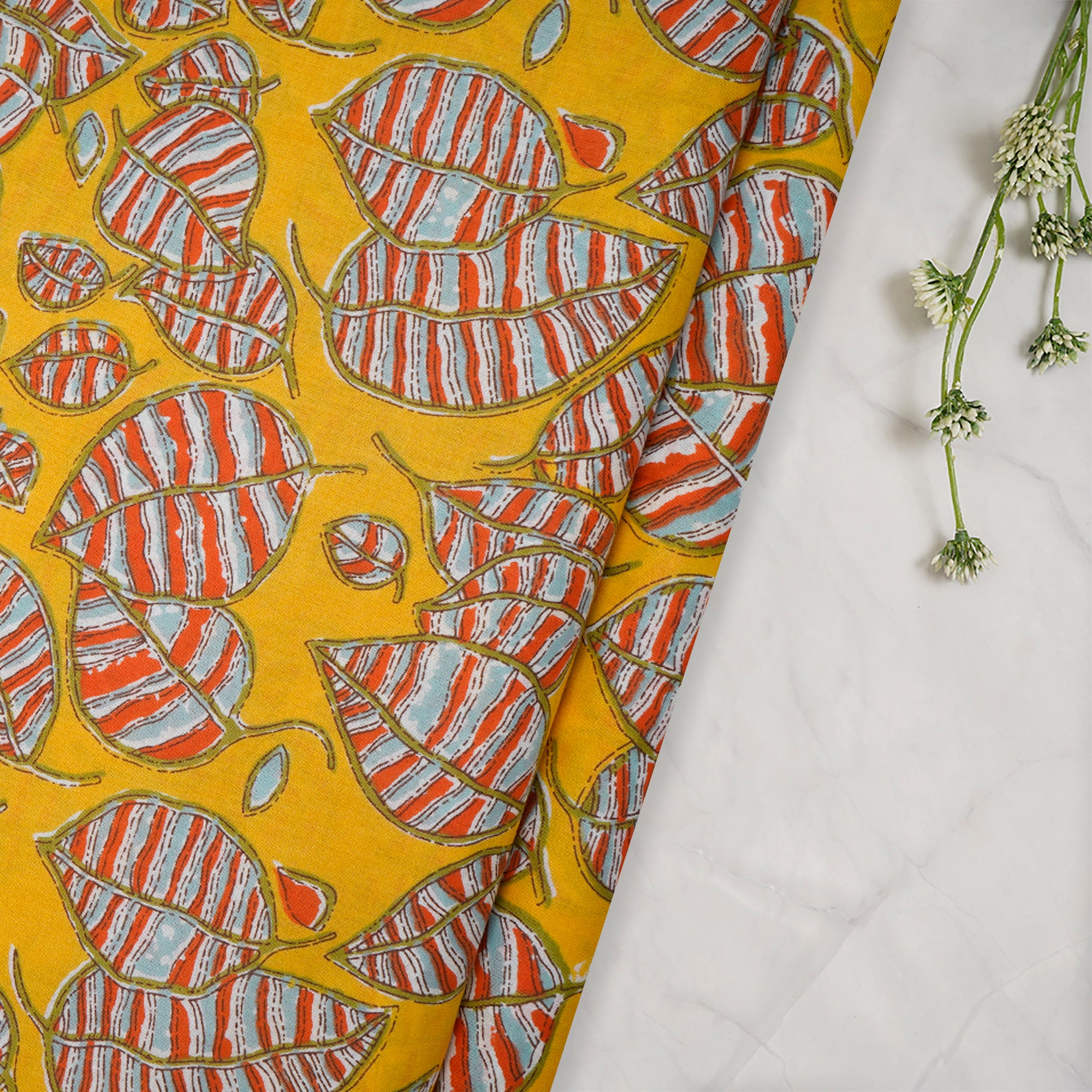 (Pre-Cut 2.00 Mtr) Mustard Leaf Pattern Screen Printed Pure Cotton Fabric