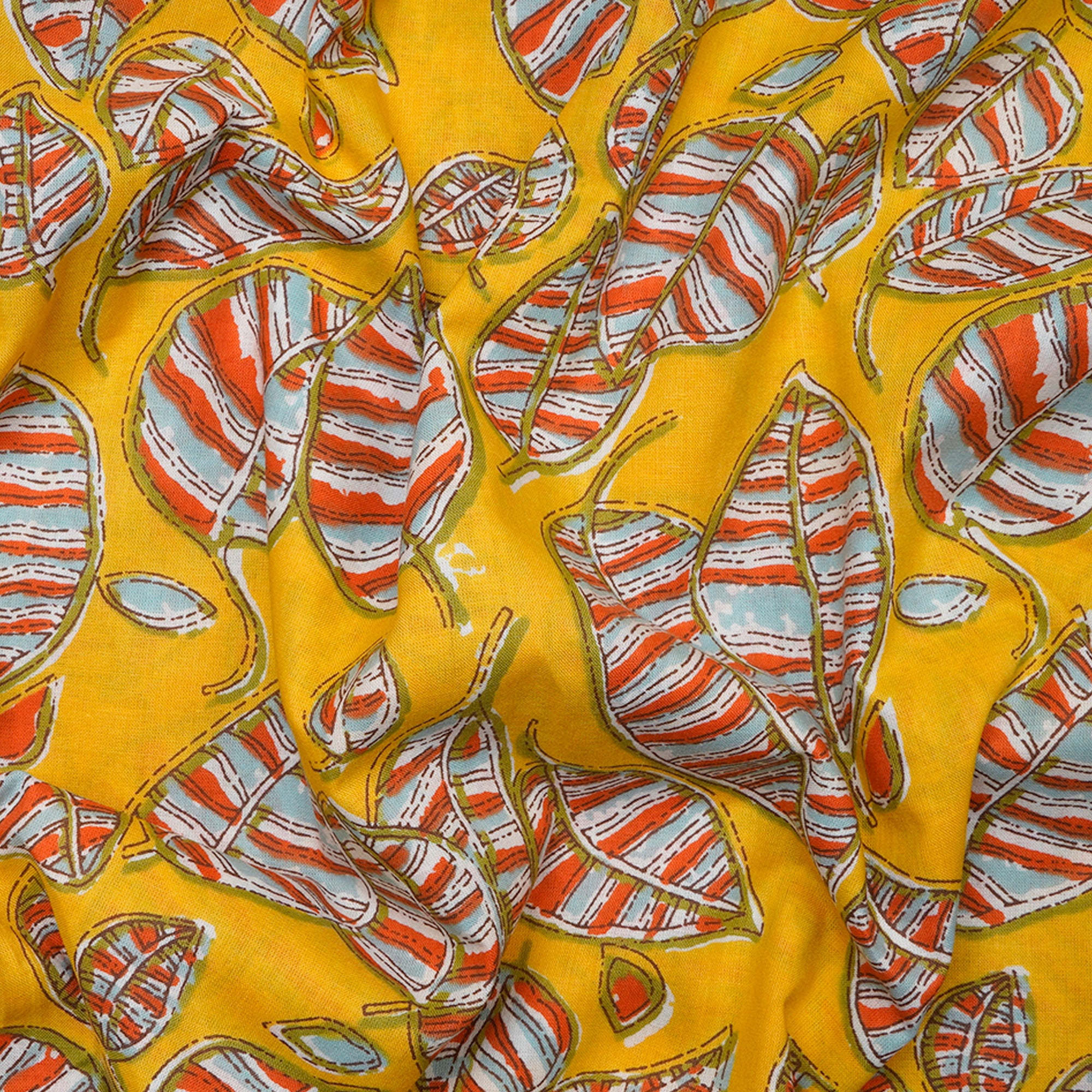 (Pre-Cut 2.00 Mtr) Mustard Leaf Pattern Screen Printed Pure Cotton Fabric