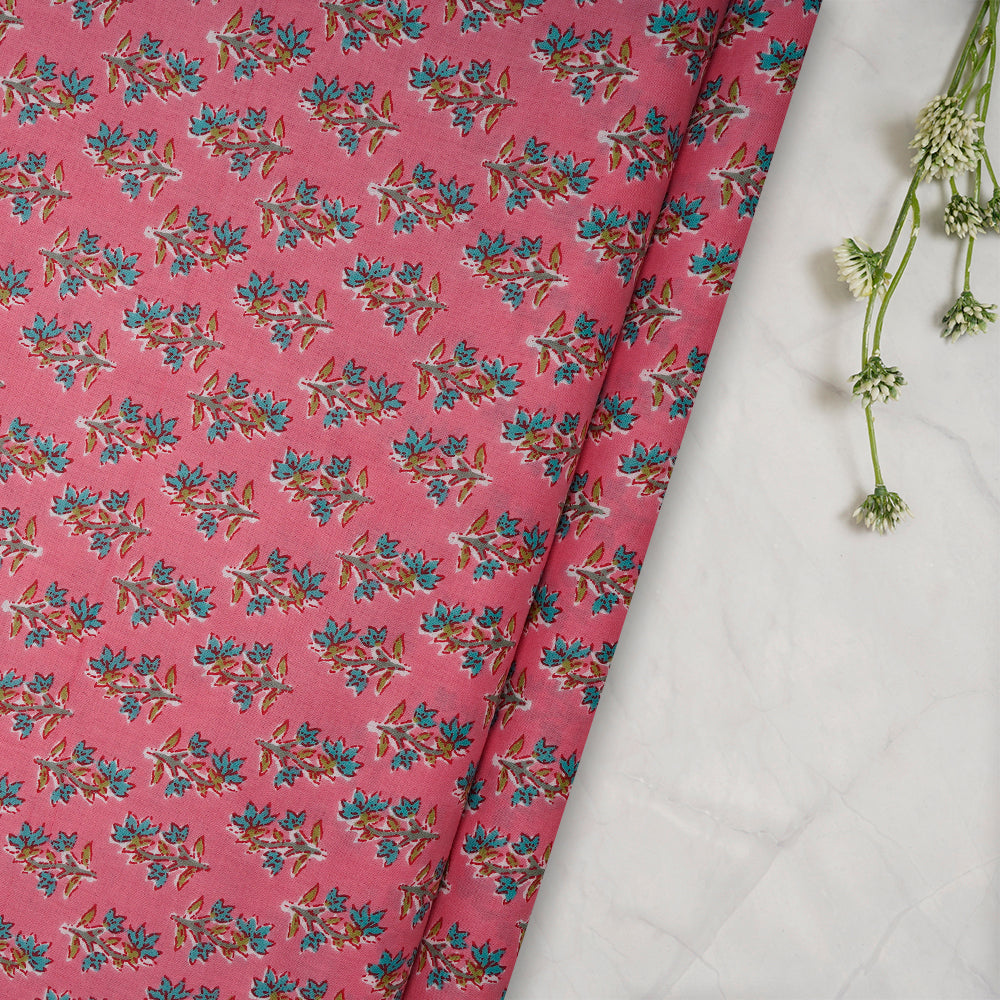 (Pre-Cut 2.40Mtr)Pink Floral Booti Screen Printed Pure Cotton Fabric