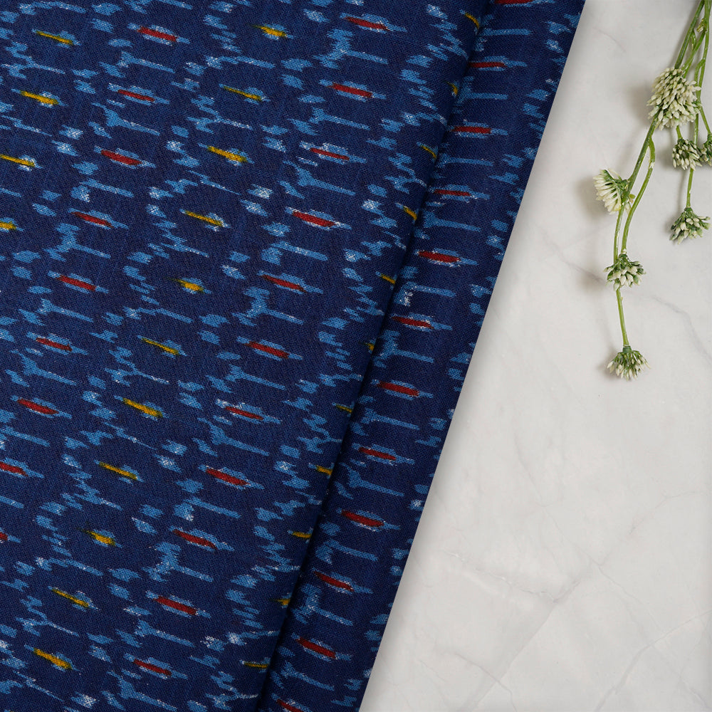 (Pre-Cut 1.60 Mtr)Blue Ikat Pattern Screen Print Cotton Slub Fabric