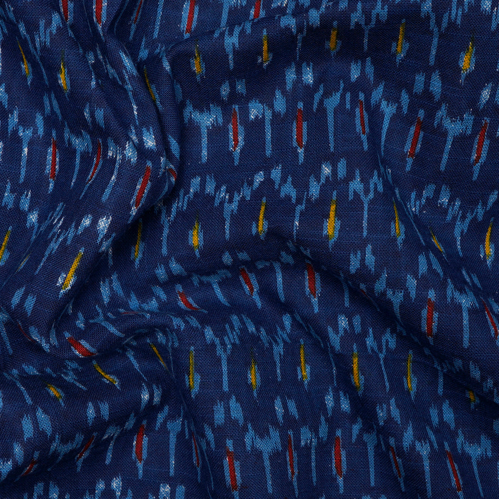 (Pre-Cut 1.60 Mtr)Blue Ikat Pattern Screen Print Cotton Slub Fabric