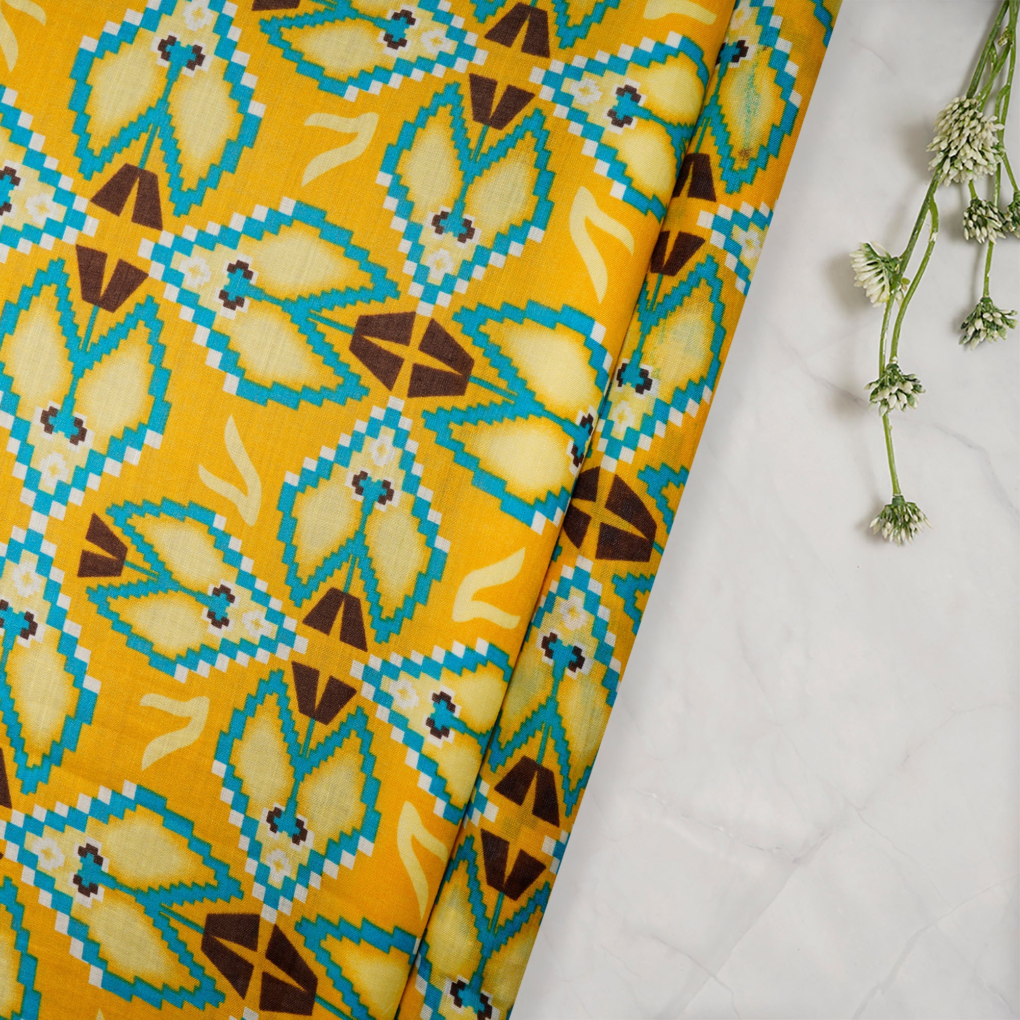 (Pre Cut 0.80 Mtr )Yellow-Blue Geometrical Pattern Printed Linen Fabric