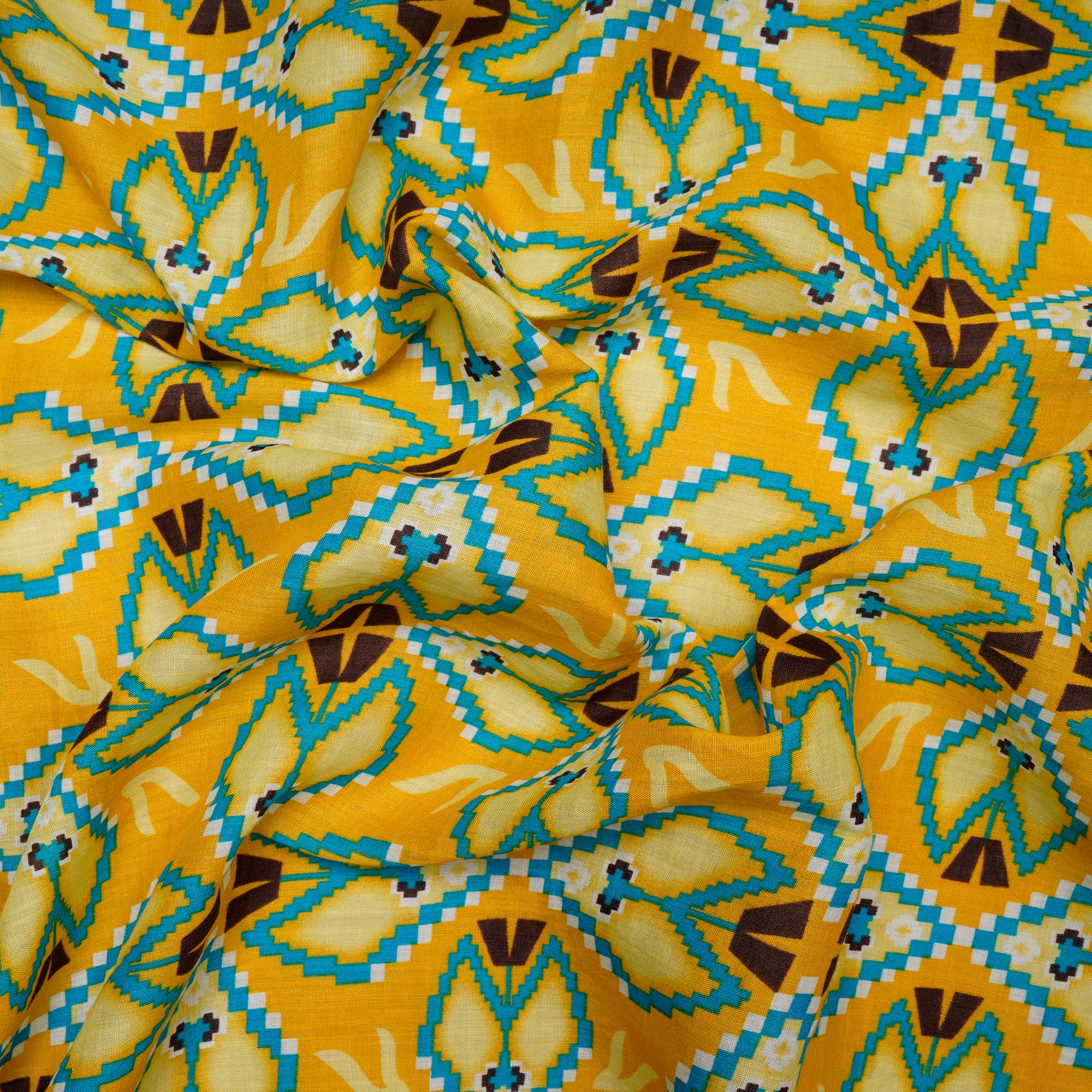 (Pre Cut 0.80 Mtr )Yellow-Blue Geometrical Pattern Printed Linen Fabric