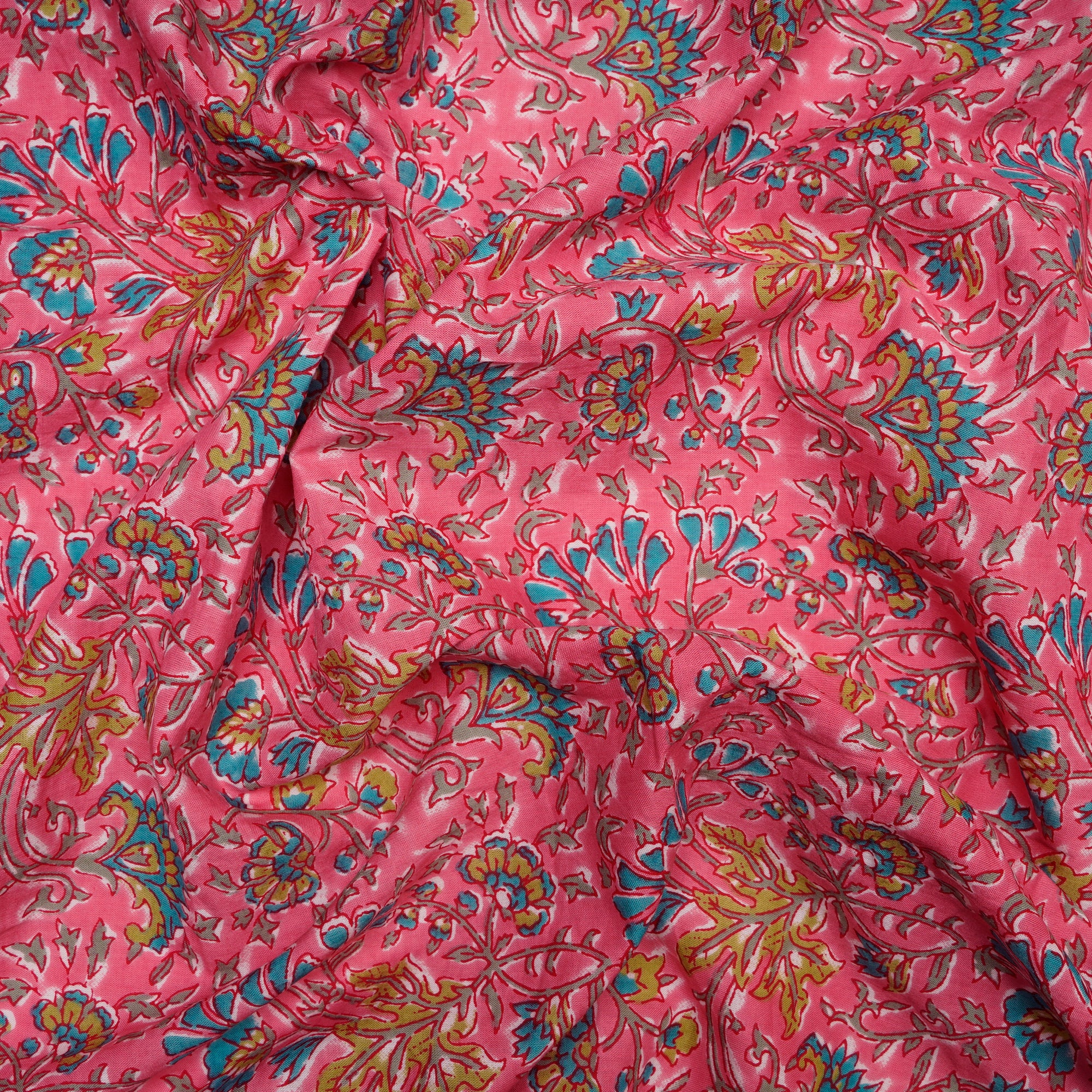 (Pre Cut 0.80 Mtr )Pink Floral Jaal Screen Printed Pure Cotton Fabric