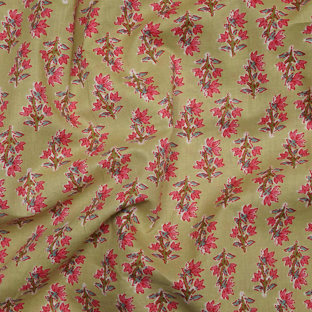 (Pre-Cut 2.00 Mtr) Lime Green Floral Booti Screen Printed Pure Cotton Fabric