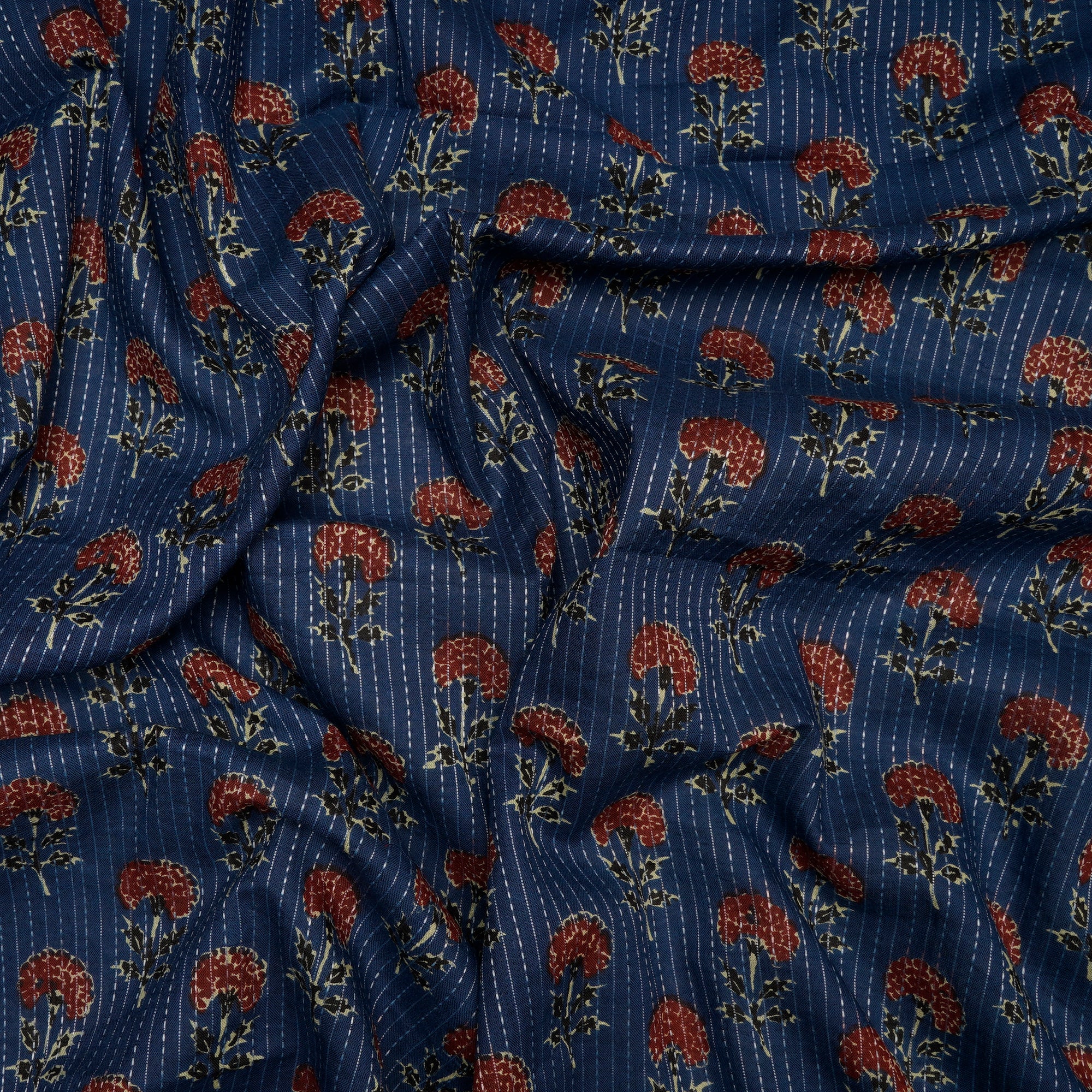 (Pre Cut 0.85 Mtr )Blue Floral Pattern Screen Printed Kantha Dobby Pure Cotton Fabric