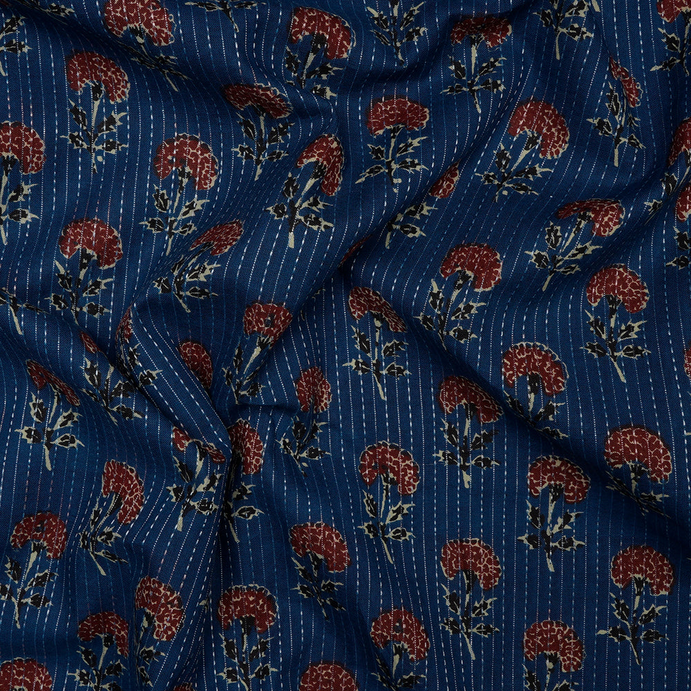 (Pre-Cut 1.75 Mtr)Blue Floral Pattern Screen Printed Kantha Dobby Pure Cotton Fabric